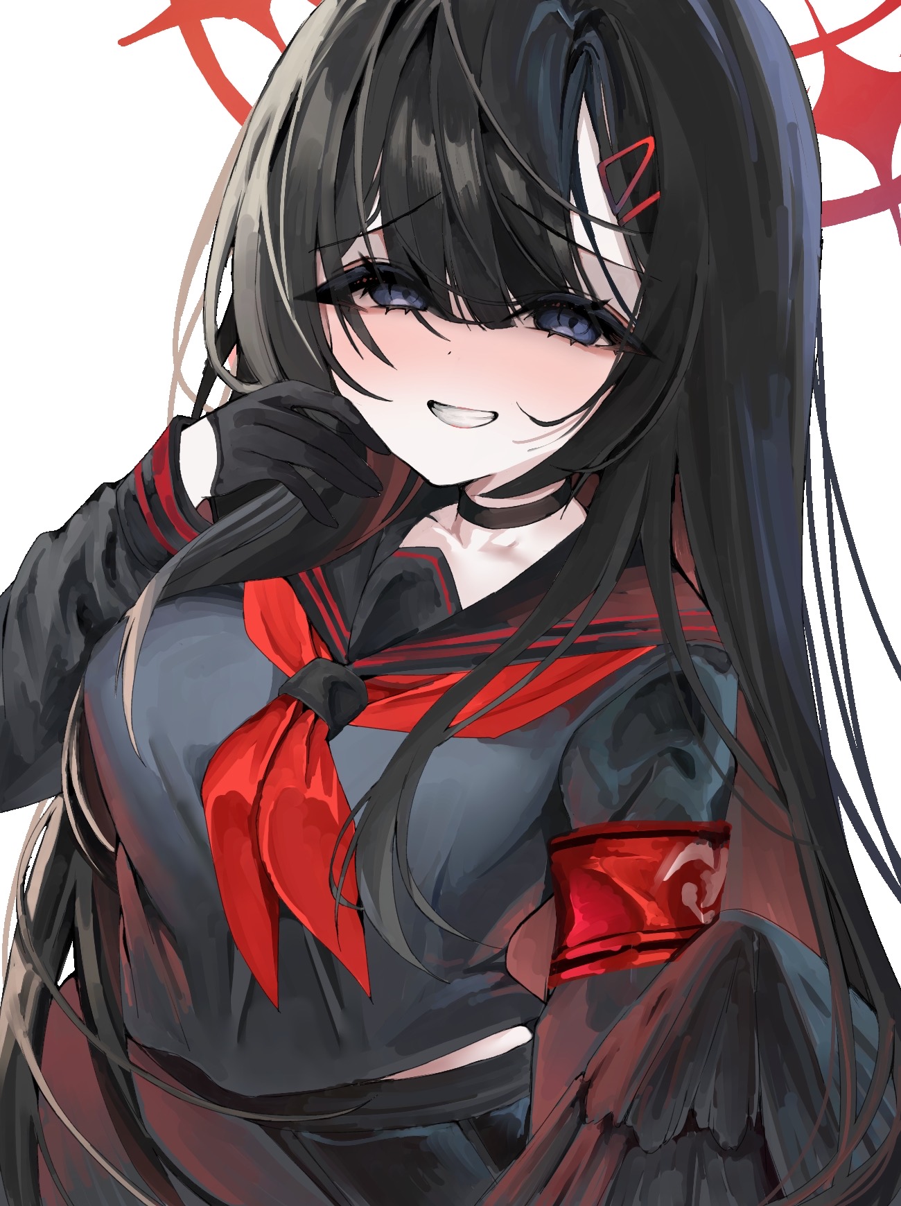 ichigo moka, ichika (blue archive), blue archive, commentary request, highres, 1girl, :d, armband, black choker, black eyes, black gloves, black hair, black serafuku, black wings, blush, choker, closed eyes, feathered wings, gloves, hair between eyes, hair ornament, hair over one eye, hairclip, half-closed eyes, halo, hand in own hair, low wings, neckerchief, open mouth, parallel hairclips, red armband, red halo, red neckerchief, school uniform, serafuku, smile, solo, upper body, white background, wings