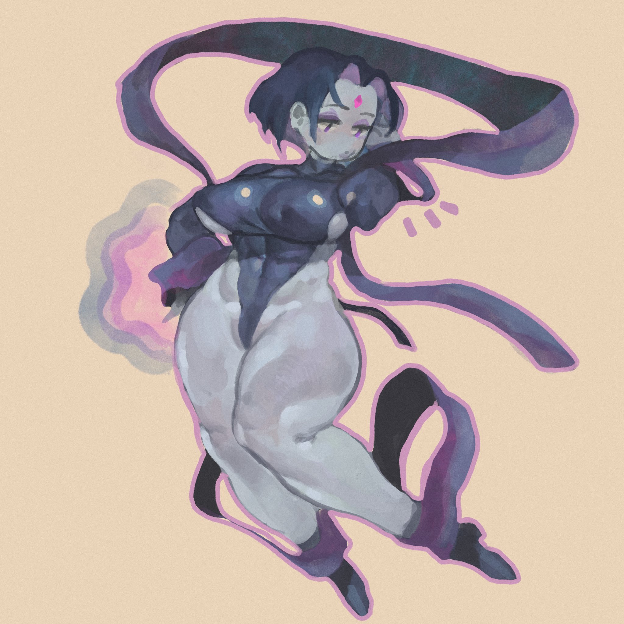 keziedra, raven (dc), dc comics, teen titans, highres, 1girl, abs, adapted costume, breasts, colored skin, covered abs, curtained hair, eyeshadow, facial mark, forehead jewel, forehead mark, full body, grey skin, hagoromo, half-closed eyes, highleg, highleg leotard, large breasts, leotard, long sleeves, makeup, outline, parted bangs, purple eyes, purple eyeshadow, purple hair, purple leotard, purple outline, purple shawl, shawl, short hair, sideboob, solo, thong leotard