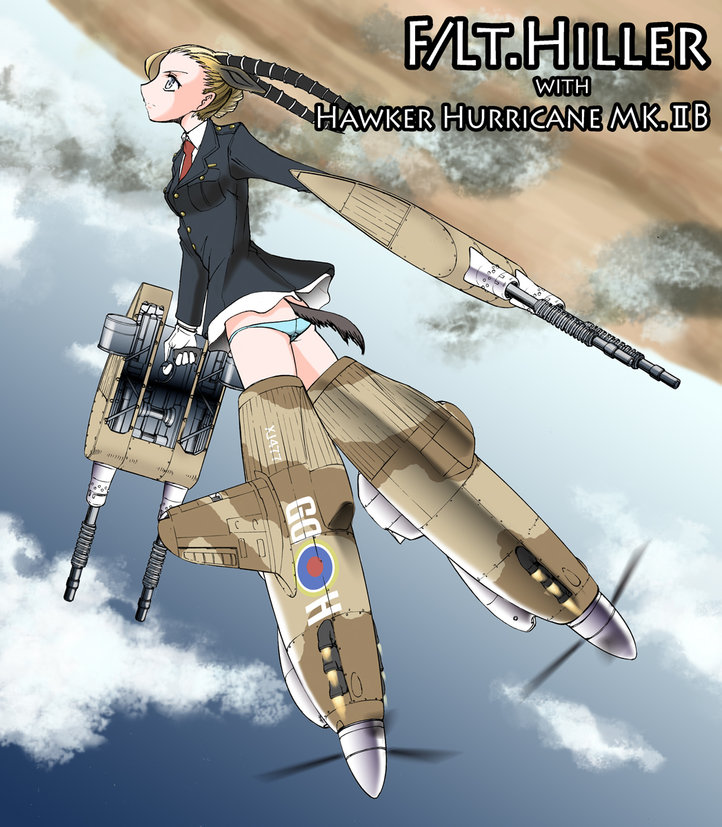 matsuda miki, strike witches, world witches series, highres, 00s, 1girl, aircraft, airplane, animal ears, blonde hair, female focus, horns, lowleg, lowleg panties, mecha musume, military, military uniform, necktie, panties, solo, striker unit, tail, underwear