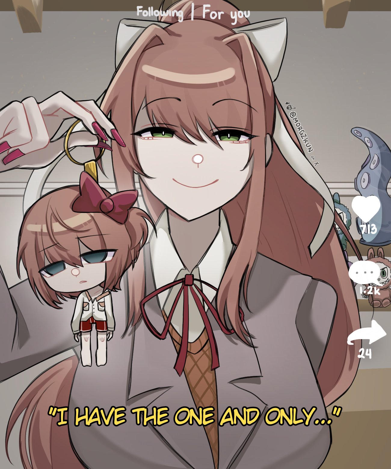 morgzkun, labubu, monika (doki doki literature club), sayori (doki doki literature club), doki doki literature club, commentary, english commentary, highres, 1girl, bow, breasts, bright pupils, brown hair, brown jacket, character charm, charm (object), closed mouth, dildo, doki doki literature club school uniform, english text, fake phone screenshot, fake screenshot, green eyes, hair between eyes, hair bow, half-closed eyes, huge dildo, jacket, large breasts, long hair, looking at viewer, neck ribbon, ponytail, red ribbon, ribbon, school uniform, sex toy, smile, solo, straight-on, subtitled, swept bangs, tentacle dildo, upper body, white bow, white pupils