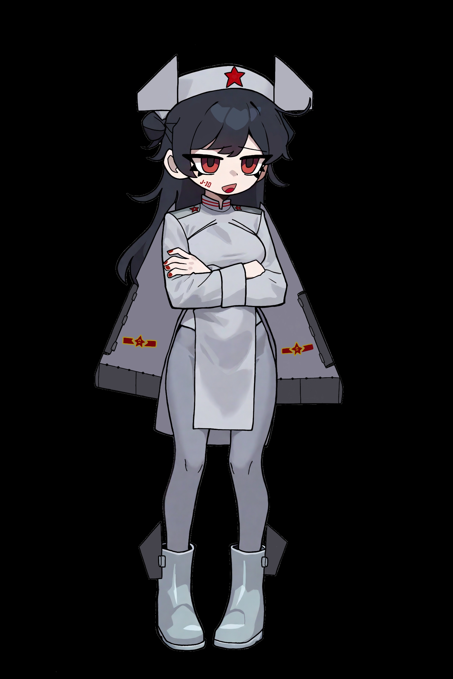 pckcool, original, highres, 1girl, aircraft, airplane, black background, black hair, canards, chengdu j-10, hat, jitome, mecha musume, military vehicle, nurse cap, pelvic curtain, people's liberation army, people's liberation army air force, personification, red eyes, red nails, red star, solo, star (symbol), twintails with hair base