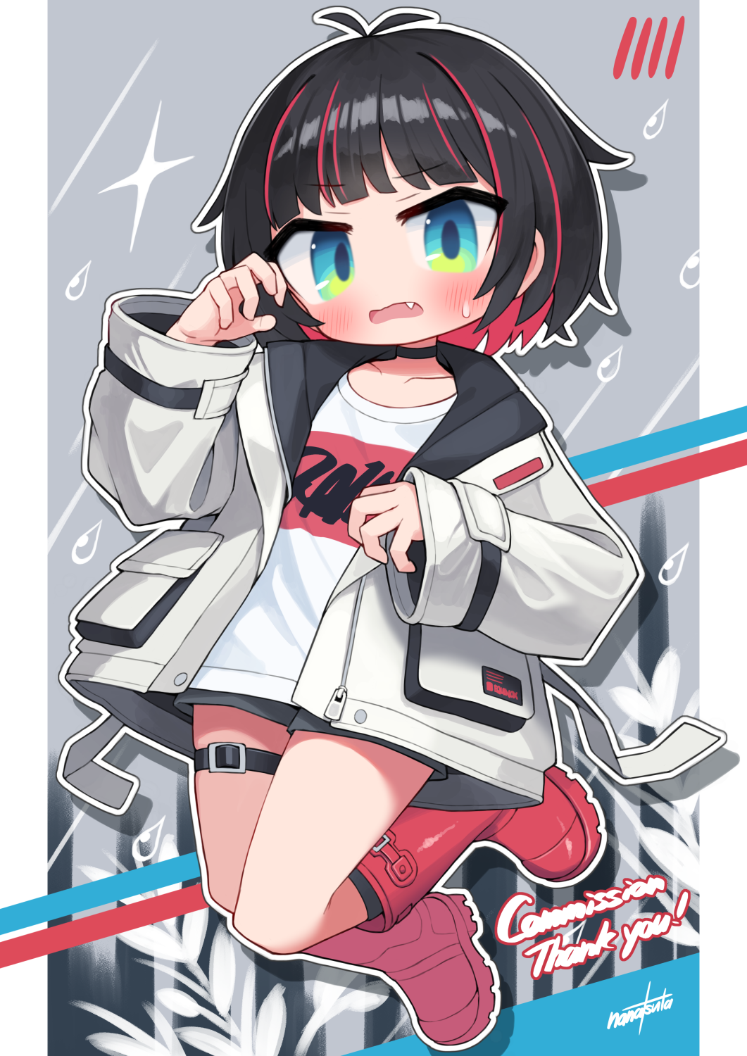 nanatsuta, original, commentary request, commission, highres, skeb commission, 1girl, black hair, blush, boots, choker, fang, full body, jacket, long sleeves, multicolored hair, open clothes, shirt, shorts, solo, thigh strap, white shirt