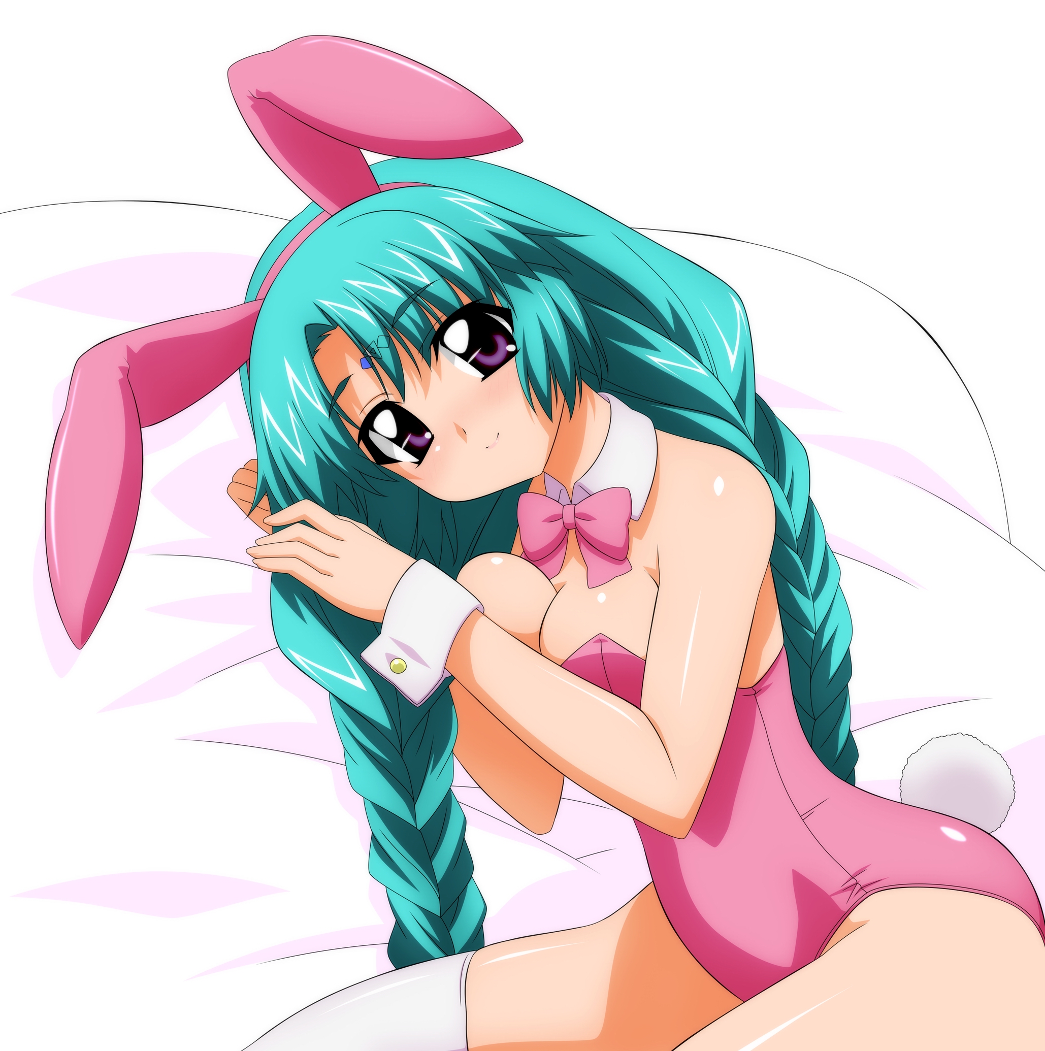 sugimura tomokazu, canal vorfeed, lost universe, bunny girl, highres, 1990s (style), animal ears, bed, braid, green hair, long hair, lying, purple eyes, rabbit ears, thighhighs, twin braids