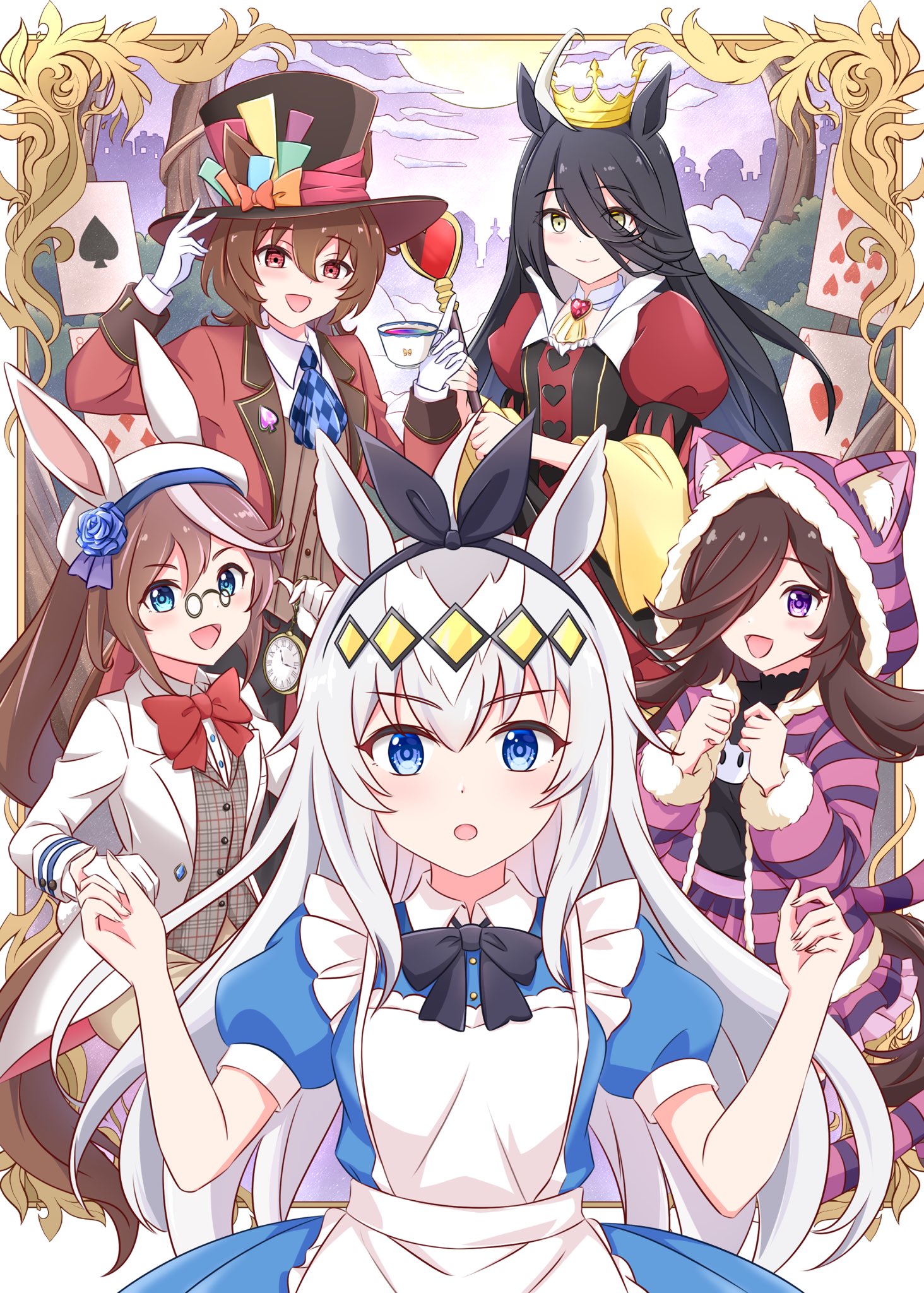 funamori, agnes tachyon (umamusume), alice (alice in wonderland), cheshire cat (alice in wonderland), mad hatter (alice in wonderland), manhattan cafe (umamusume), oguri cap (umamusume), queen of hearts (alice in wonderland), rice shower (umamusume), tokai teio (umamusume), white rabbit (alice in wonderland), alice's adventures in wonderland, umamusume, commentary request, highres, 5girls, ahoge, alice (alice in wonderland) (cosplay), animal ear fluff, animal ears, animal hood, apron, black bow, black hair, black hairband, black shirt, blue dress, blue eyes, blush, bow, brown hair, brown vest, card, cat ears, cat tail, cheshire cat (alice in wonderland) (cosplay), closed mouth, collared shirt, cosplay, crown, cup, dress, ears through headwear, flipped hair, flower, glasses, gloves, grey hair, grey vest, hair between eyes, hair ornament, hair over one eye, hairband, hat, holding, holding cup, holding scepter, hood, hood up, hoodie, horse ears, horse girl, jacket, long bangs, long hair, long sleeves, looking at viewer, mad hatter (alice in wonderland) (cosplay), multicolored hair, multiple girls, open mouth, playing card, pocket watch, puffy short sleeves, puffy sleeves, purple eyes, purple hoodie, purple thighhighs, queen of hearts (alice in wonderland) (cosplay), rabbit ears, red bow, red dress, red eyes, red jacket, scepter, shirt, short sleeves, smile, streaked hair, striped clothes, striped hoodie, tail, tea, teacup, thighhighs, top hat, two-tone hair, very long hair, vest, watch, white apron, white gloves, white hair, white jacket, white rabbit (alice in wonderland) (cosplay), white shirt, yellow eyes