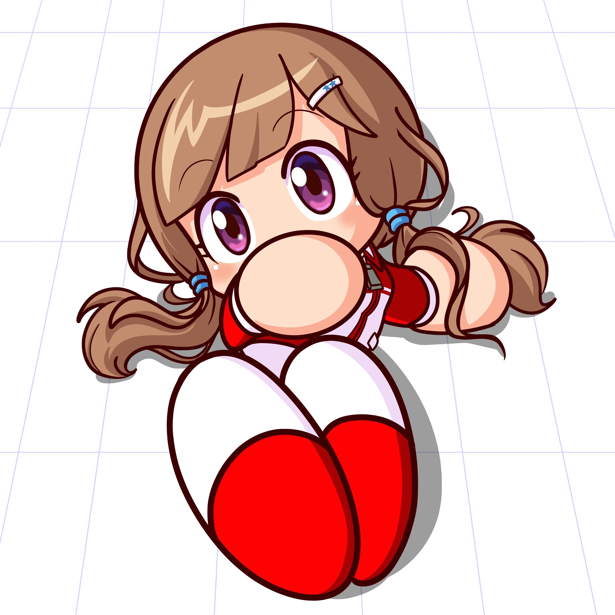 drilljapan, jikkyou powerful pro yakyuu, highres, 1girl, brown hair, from above, hair ornament, hairclip, jacket, jikkyou powerful pro yakyuu (style), low twintails, lying, motowaka haruhi, multicolored jacket, multicolored shoes, no mouth, on back, purple eyes, rayman limbs, red jacket, red shoes, shoes, solo, track jacket, twintails, two-tone shoes, white jacket, white shoes