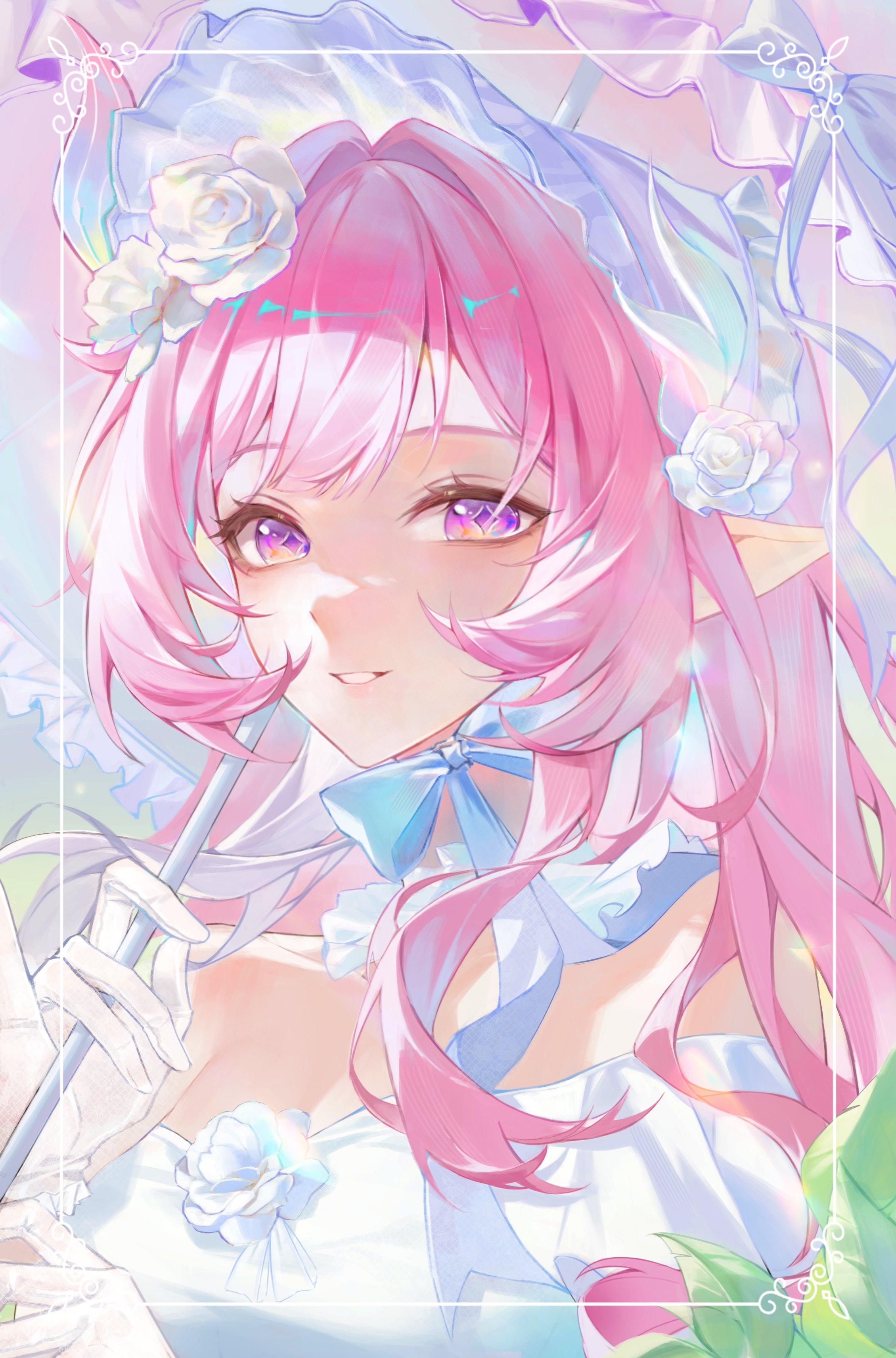 sohan (sohan 416), cyrene (demiurge) (honkai: star rail), cyrene (honkai: star rail), honkai: star rail, honkai (series), absurdres, commentary, english commentary, highres, 1girl, alternate costume, breasts, cleavage, diamond-shaped pupils, diamond (shape), flower, gloves, hair flower, hair intakes, hair ornament, holding, holding umbrella, long hair, looking at viewer, medium breasts, parted lips, pink hair, pointy ears, portrait, purple eyes, rose, sidelocks, smile, solo, symbol-shaped pupils, umbrella, upper body, white flower, white gloves, white rose