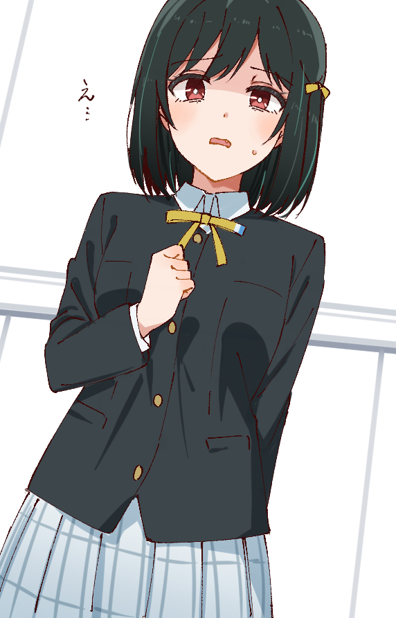 skt (ryxxxxx), mifune shioriko, love live!, love live! nijigasaki high school idol club, commentary request, 1girl, black hair, black jacket, blush, collared shirt, hand up, jacket, long sleeves, looking at viewer, neck ribbon, nijigasaki school uniform, open mouth, plaid clothes, plaid skirt, pleated skirt, red eyes, ribbon, school uniform, shirt, short hair, skirt, solo, white shirt, white skirt, winter uniform, yellow ribbon