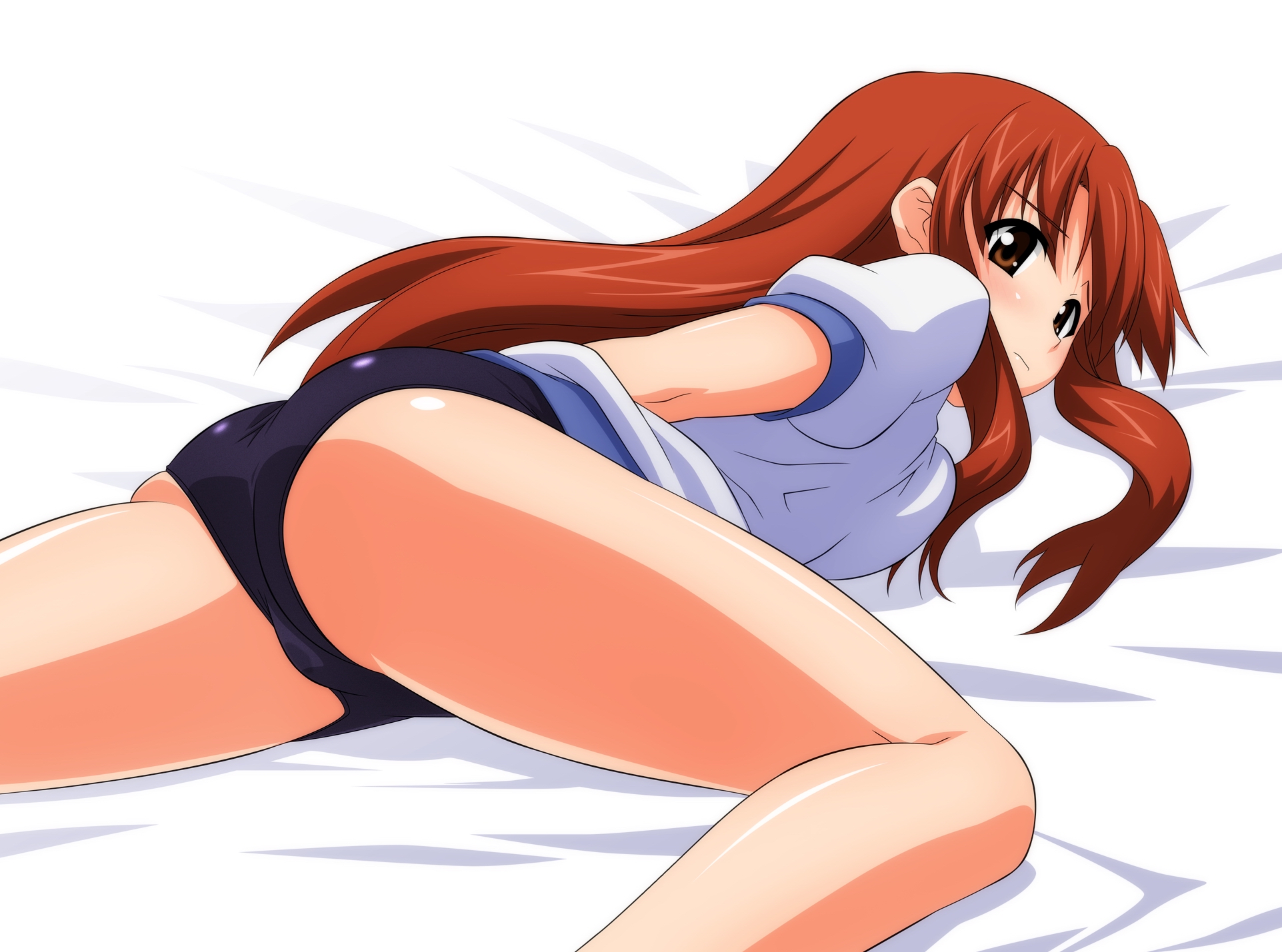 sugimura tomokazu, asahina mikuru, suzumiya haruhi no yuuutsu, highres, 00s, ass, bed, breast press, breasts, buruma, gym uniform