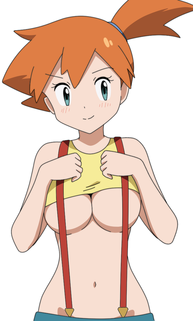 mnkr98, misty (pokemon), nintendo, pokemon, commentary, commentary request, paid reward available, 1girl, alternate breast size (larger), aqua eyes, bare arms, bare shoulders, breasts, looking at viewer, medium breasts, navel, orange hair, shorts, side ponytail, simple background, smile, solo, stomach, suspender shorts, suspenders, tank top, underboob, upper body, white background, yellow tank top