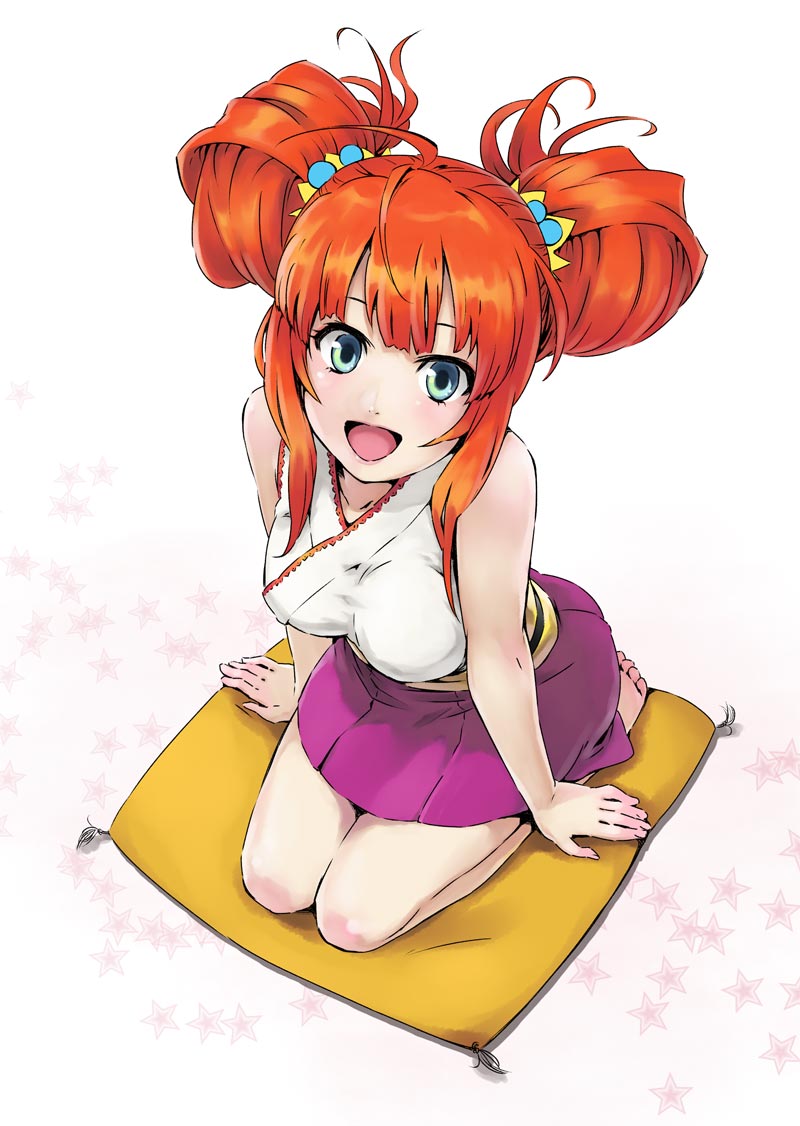 fukukitaru, 1girl, barefoot, blue eyes, brown hair, cushion, feet, female focus, from above, japanese clothes, kimono, kneeling, open mouth, orange hair, red hair, seiza, short twintails, sitting, sleeveless, smile, soles, solo, toes, twintails