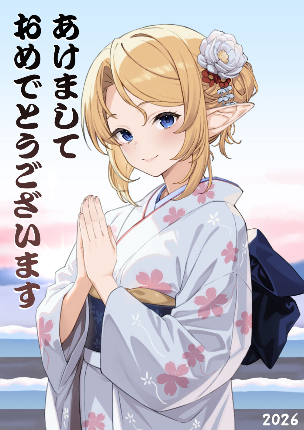 takunomi, iris (takunomi), enjo kouhai, highres, translation request, 1girl, blonde hair, blue eyes, closed mouth, elf, floral print, flower, hair flower, hair ornament, japanese clothes, kimono, long pointy ears, looking at viewer, new year, obi, outdoors, pointy ears, praying, sash, smile, snow, solo, standing, upper body