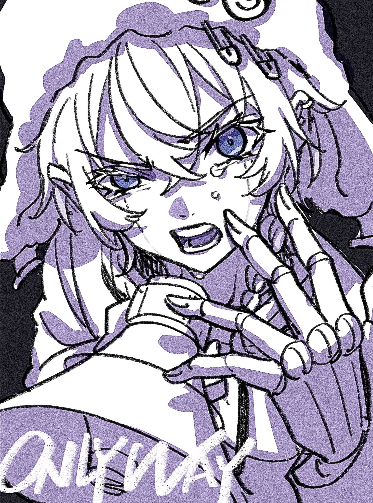 mele ck, indie utaite, commentary, highres, 1girl, 9lana, blue eyes, braid, crossed bangs, dark background, doll, doll joints, earrings, english text, film grain, hair between eyes, hands up, hat, jewelry, joints, long hair, looking at viewer, open mouth, paperclip, partially colored, simple background, single braid, single earring, solo, speaker, teeth, upper body, ushanka