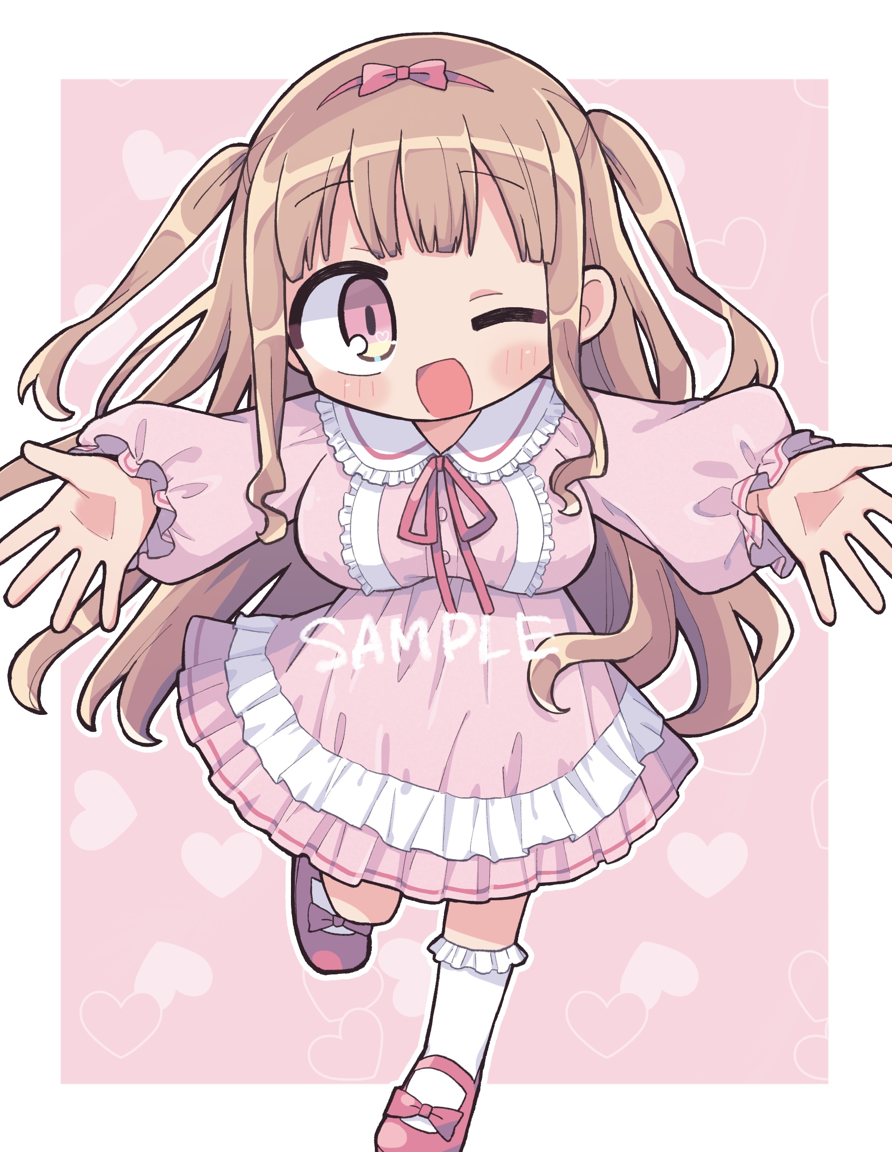 richard (richaball), original, commentary request, highres, 1girl, ;d, blush, border, bow, bow hairband, breasts, brown hair, dress, footwear bow, frilled socks, frills, full body, hairband, heart, heart background, long hair, long sleeves, looking at viewer, medium breasts, neck ribbon, one eye closed, open mouth, outline, outside border, outstretched arms, pink dress, pink eyes, red hairband, red ribbon, red shoes, ribbon, sample watermark, shoes, smile, socks, solo, standing, standing on one leg, two side up, watermark, white border, white outline, white socks
