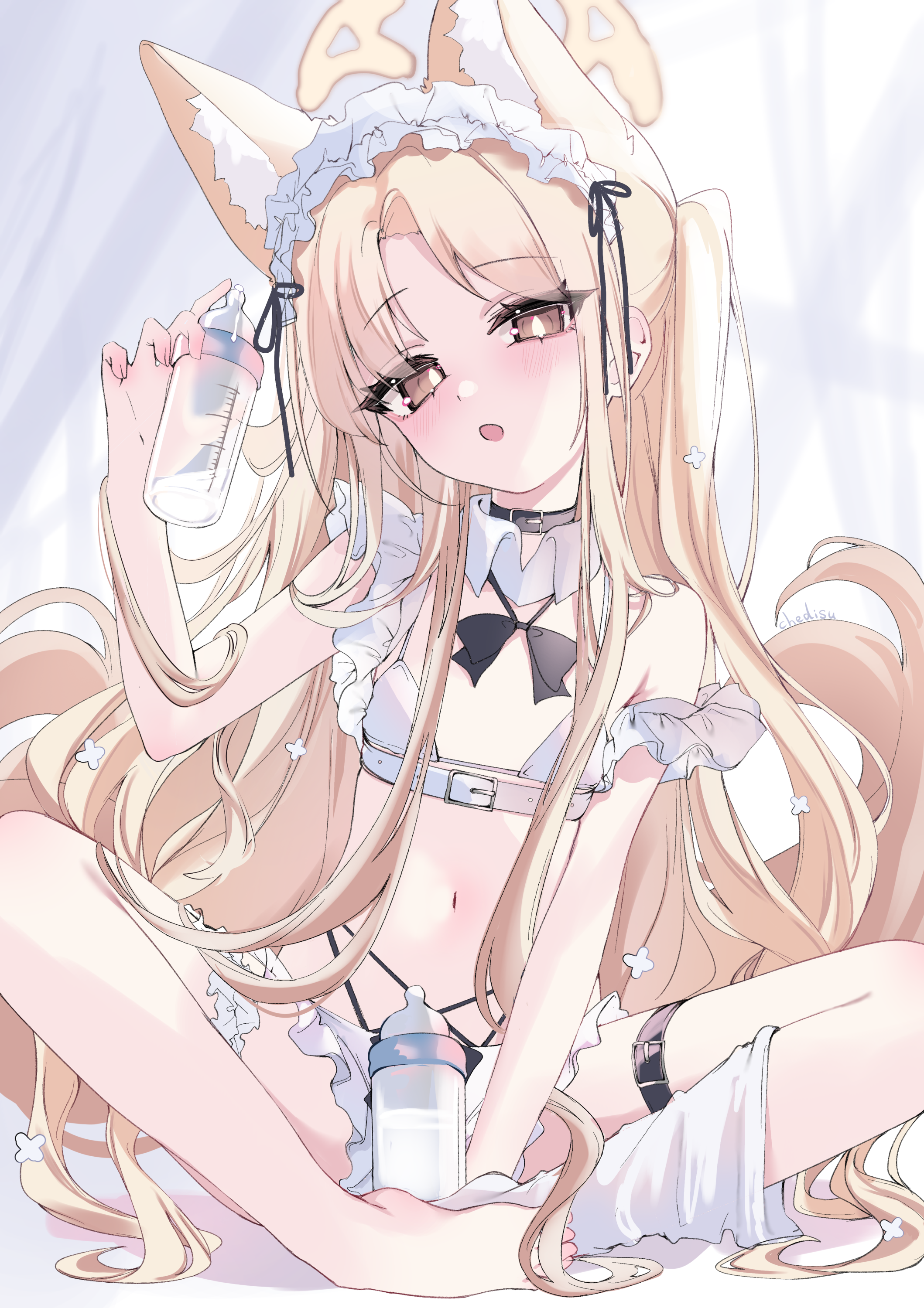 chedisu, seia (blue archive), blue archive, absurdres, commentary, highres, paid reward available, 1girl, alternate costume, animal ear fluff, animal ears, armpit crease, artist name, baby bottle, bikini, black bow, black choker, black ribbon, blonde hair, bottle, bow, bowtie, bright pupils, choker, collar, detached collar, flat chest, forehead, fox ears, fox girl, hair ribbon, halo, head tilt, long hair, looking at viewer, maid, maid bikini, maid headdress, milk, navel, one side up, open mouth, parted bangs, ribbon, signature, single bare foot, single loose sock, single sock, sitting, socks, solo, stomach, strap slip, swimsuit, tail, thigh strap, unconventional maid, very long hair, white collar, white pupils, yellow eyes, yellow halo