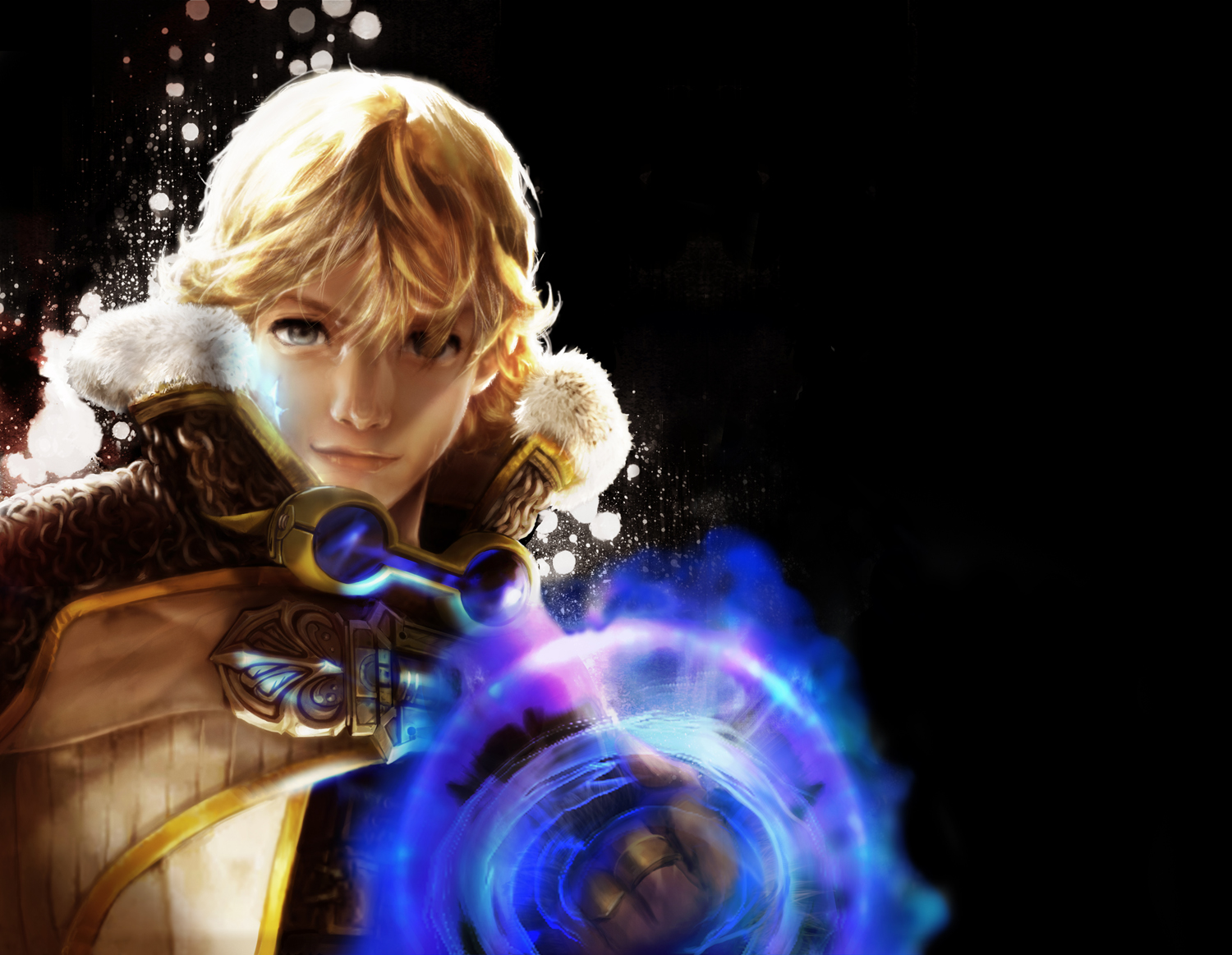 clavat, layle, final fantasy, final fantasy crystal chronicles, final fantasy crystal chronicles the crystal bearers, official art, 1boy, blonde hair, goggles, magic, male focus, smile, solo