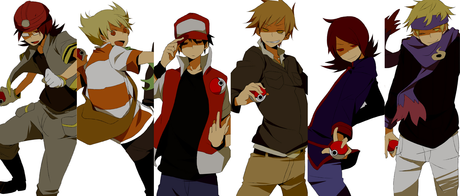 kinari, barry (pokemon), blue oak, blue oak (pokemon hgss), morty (pokemon), red (pokemon), roark (pokemon), silver (pokemon), nintendo, pokemon, pokemon dppt, pokemon hgss, pokemon rgby, 00s, 1990s (style), 6+boys, baseball cap, gym leader, hat, holding, holding poke ball, ki nari, male focus, multiple boys, poke ball, poke ball (basic), purple scarf, retro artstyle, scarf, simple background, white background