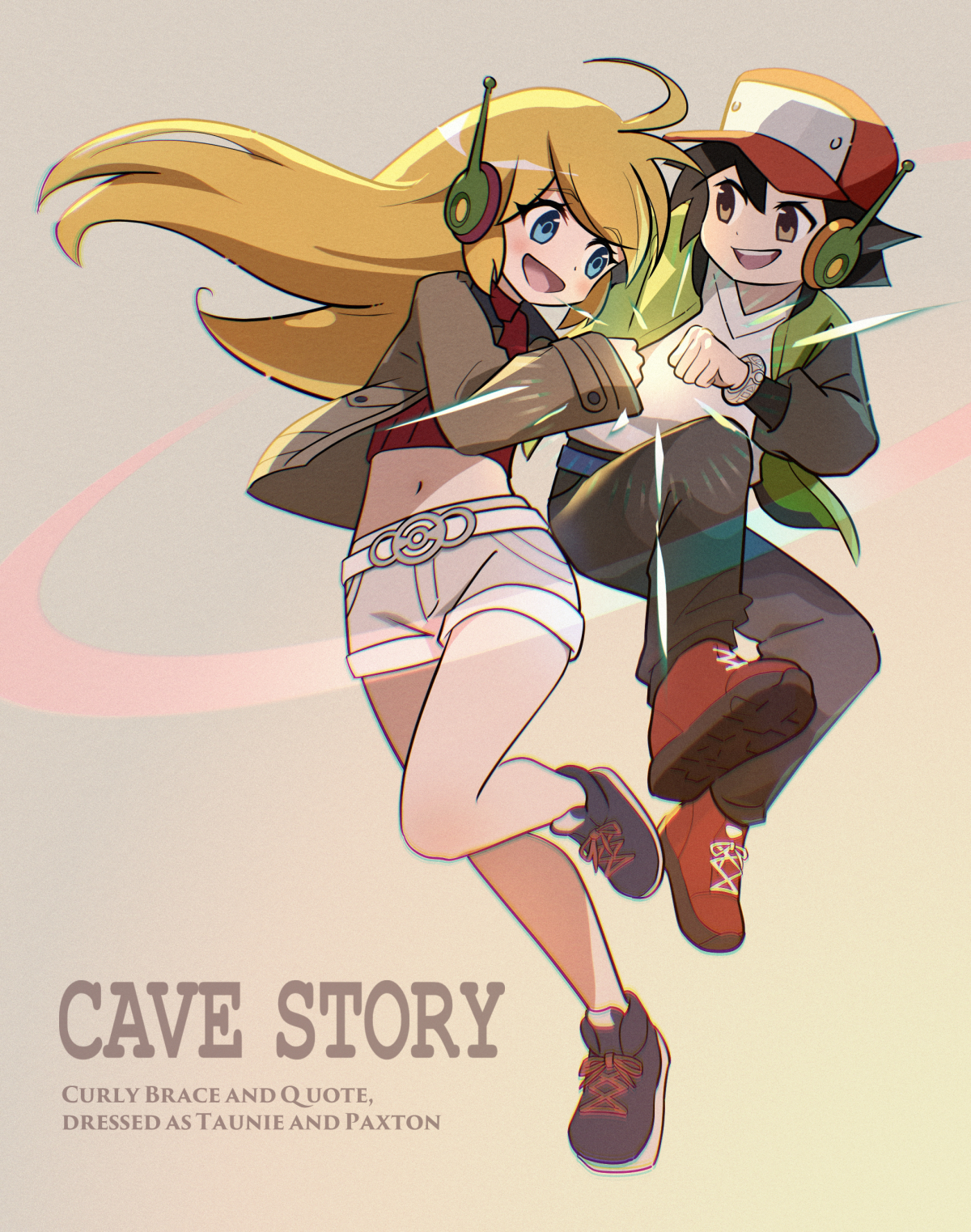blackminolith (2ne), curly brace, paxton (pokemon), quote (cave story), taunie (pokemon), doukutsu monogatari, nintendo, pokemon, pokemon legends: z-a, commentary, commission, english commentary, highres, pixiv commission, 1boy, 1girl, ahoge, android, baseball cap, black hair, black sleeves, blonde hair, blue eyes, blue shoes, brown eyes, brown jacket, clenched hands, cosplay, cropped shirt, english text, fist bump, floating hair, full body, gradient background, green jacket, grey shorts, hat, jacket, leg up, long hair, looking at another, mega stone, midriff, navel, open clothes, open jacket, paxton (pokemon) (cosplay), red hat, red shirt, red shoes, ribbed shirt, robot ears, robot girl, shirt, shoes, short hair, shorts, smile, taunie (pokemon) (cosplay), white shirt