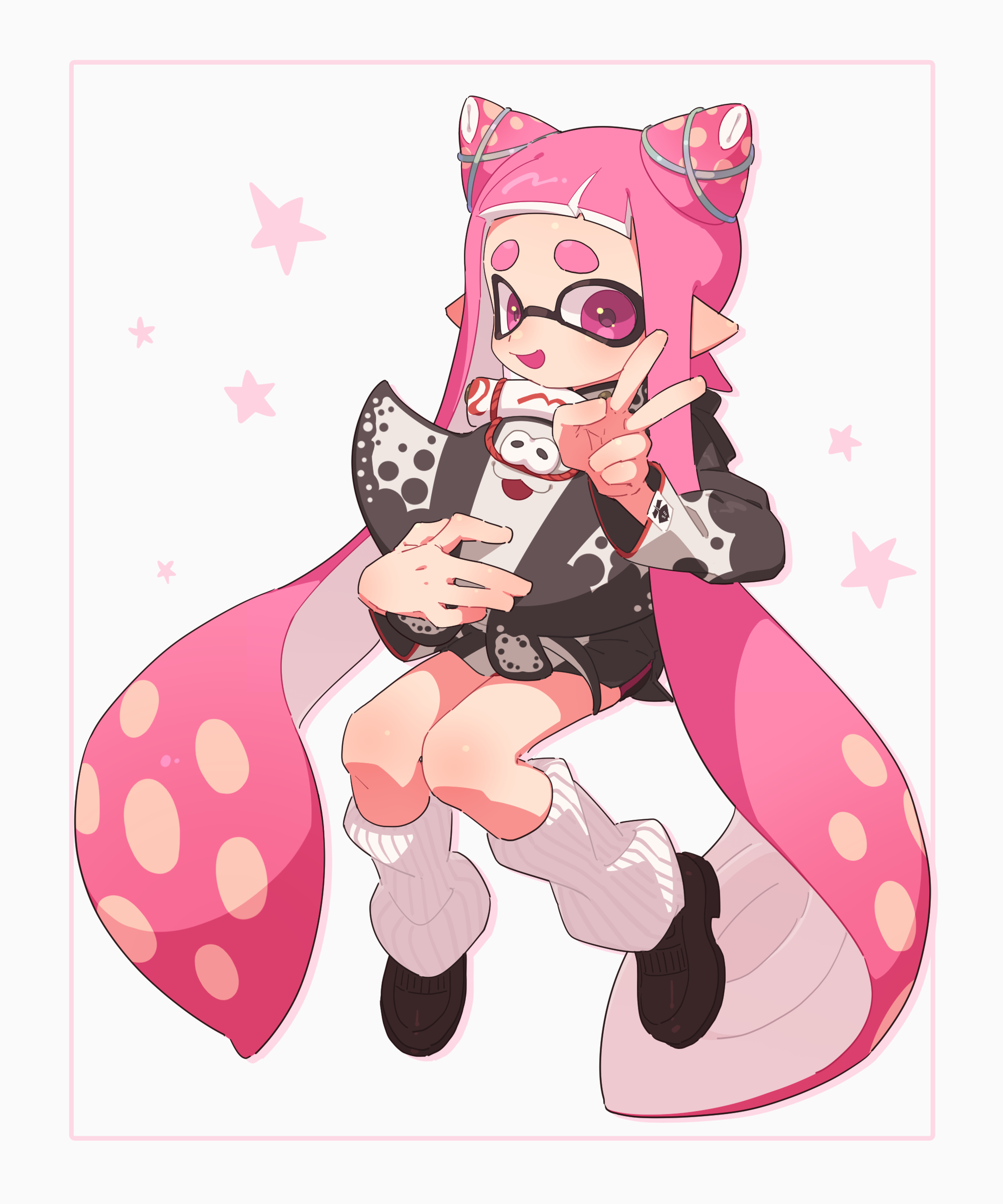 surume01417, big man (splatoon), inkling girl, inkling player character, nintendo, splatoon (series), splatoon 3, absurdres, highres, 1girl, black jacket, black shoes, character doll, doll, full body, hair horns, hair ornament, holding, holding doll, inkling, invisible chair, jacket, long hair, long sleeves, looking at viewer, open mouth, pink eyes, pink hair, pointy ears, shoes, short eyebrows, sitting, smile, socks, solo, tentacle hair, thick eyebrows, v, very long hair, white socks, x hair ornament