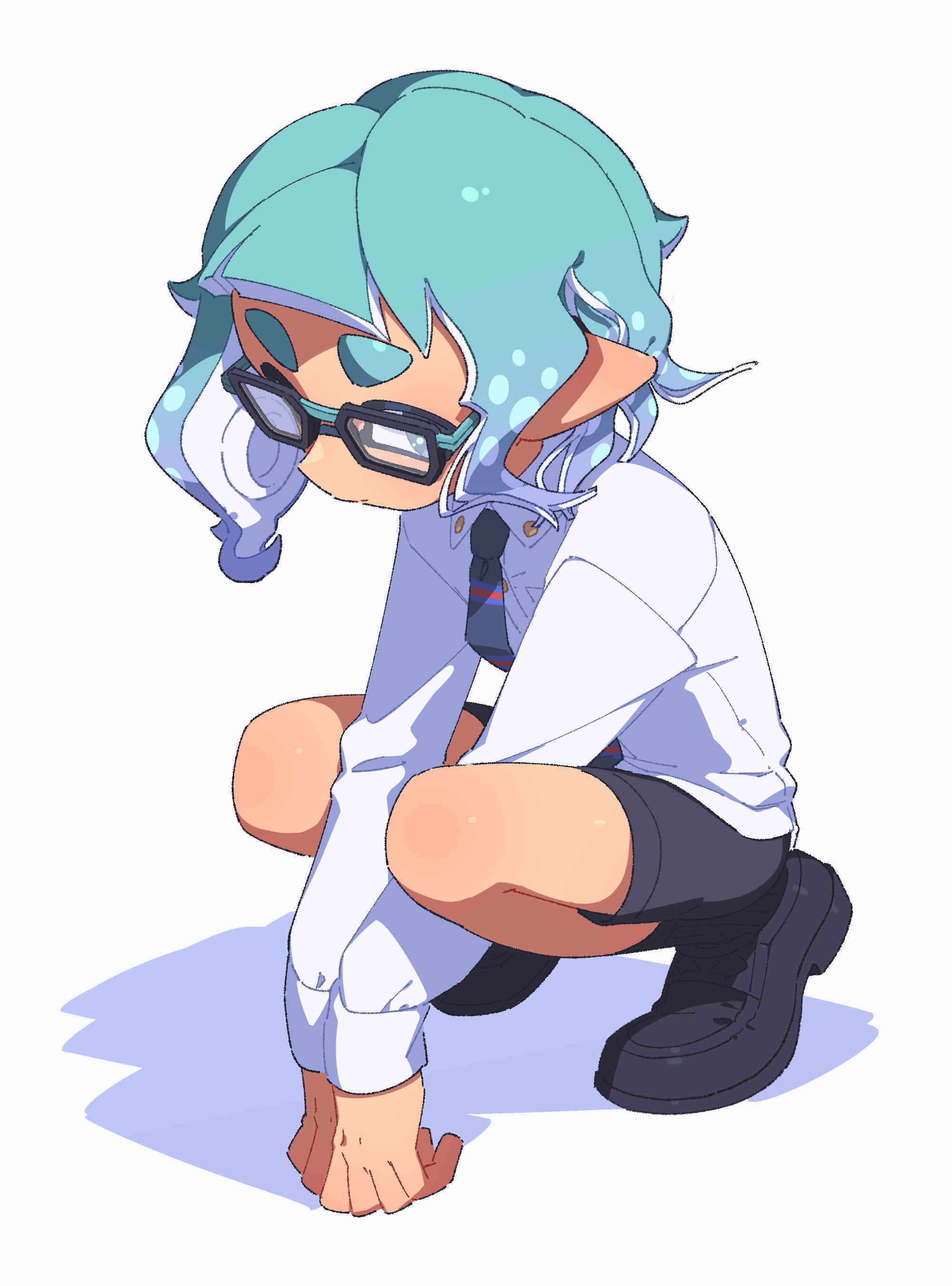 surume01417, inkling girl, inkling player character, nintendo, splatoon (series), absurdres, highres, 1girl, black-framed eyewear, black eyes, black necktie, black shoes, black shorts, blue hair, collared shirt, full body, glasses, inkling, long sleeves, necktie, pointy ears, shirt, shoes, short hair, shorts, solo, squatting, tentacle hair, thick eyebrows, white shirt