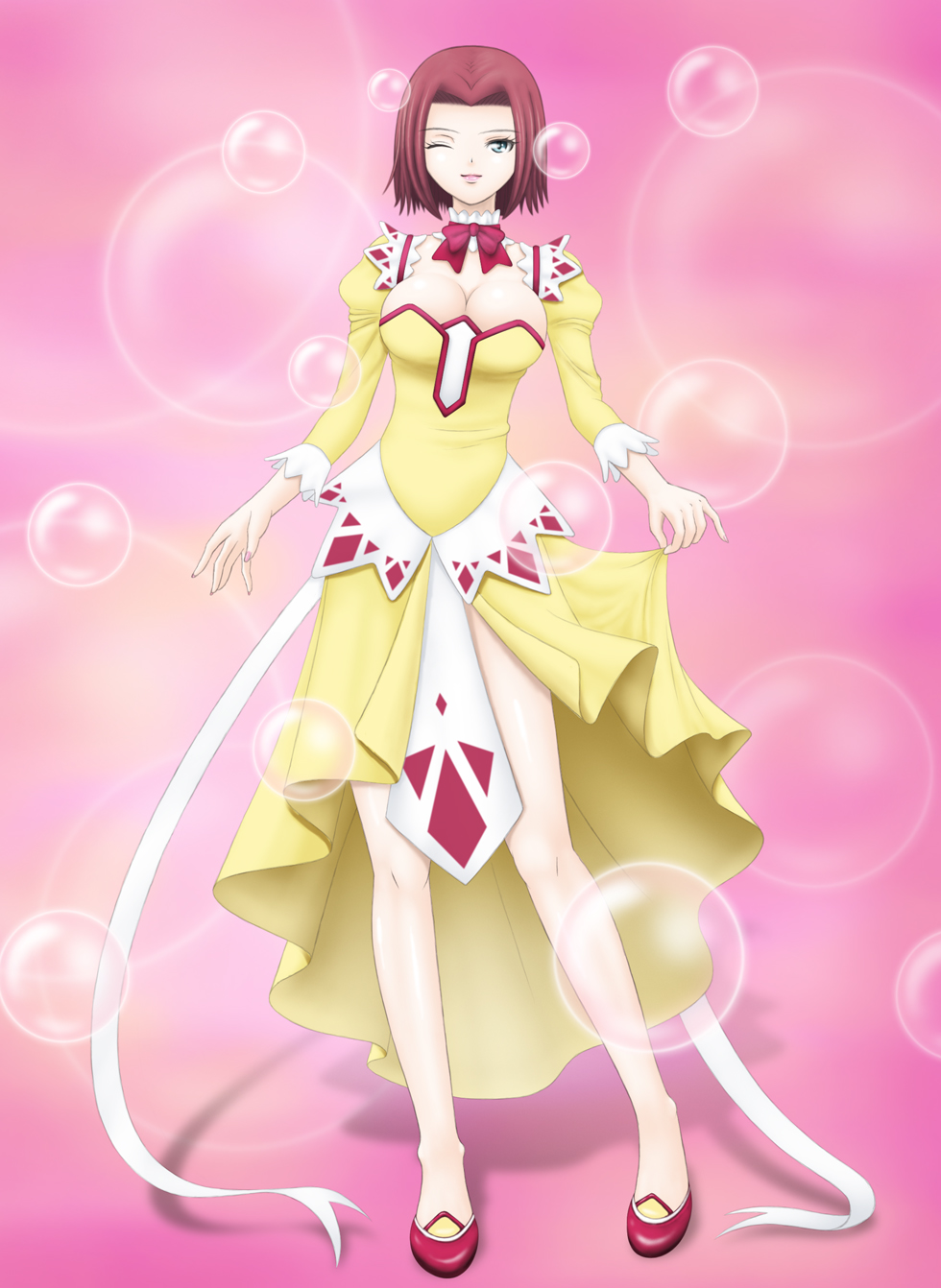 yunbu, kouzuki kallen, code geass, european clothes, highres, 00s, 1girl, blue eyes, breasts, cleavage, dress, female focus, large breasts, one eye closed, red hair, short hair, solo, standing, wink