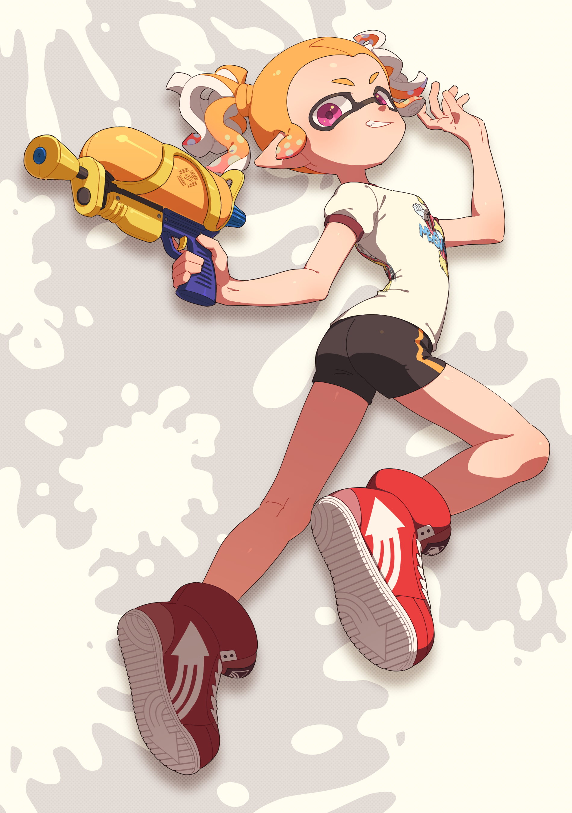 surume01417, inkling girl, inkling player character, nintendo, splatoon (series), absurdres, highres, 1girl, bike shorts, black shorts, breasts, full body, grin, high tops, holding, holding weapon, inkling, looking at viewer, orange hair, pink eyes, pointy ears, red shoes, shirt, shoes, short hair, short sleeves, short twintails, shorts, small breasts, smile, sneakers, solo, splattershot (splatoon), t-shirt, tentacle hair, twintails, weapon, white shirt