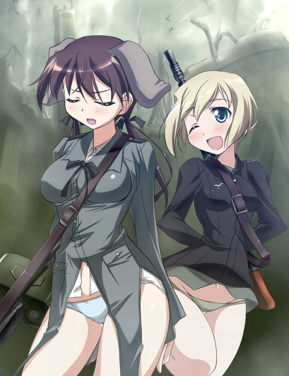 nomal, erica hartmann, gertrud barkhorn, strike witches, world witches series, uniform, highres, 00s, 2girls, animal ears, arms behind back, black hair, blonde hair, blue panties, bottomless, closed eyes, collared shirt, dress shirt, drum magazine, green panties, gun, gun sling, leg lift, lowleg, lowleg panties, magazine (weapon), multiple girls, no pants, one eye closed, panties, pocket, rifle, shirt, standing, underwear, weapon, weapon on back, wink