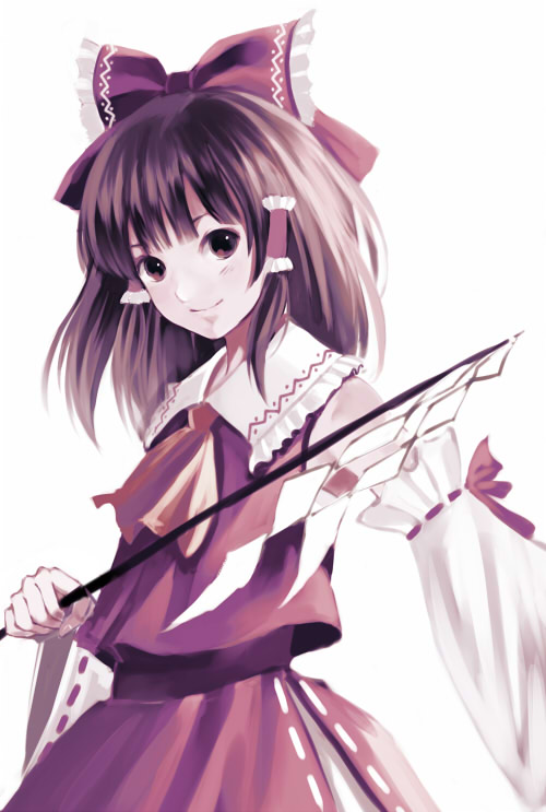fukahire (ruinon), hakurei reimu, touhou, 1girl, blunt bangs, brown eyes, brown hair, female focus, gohei, simple background, solo, white background