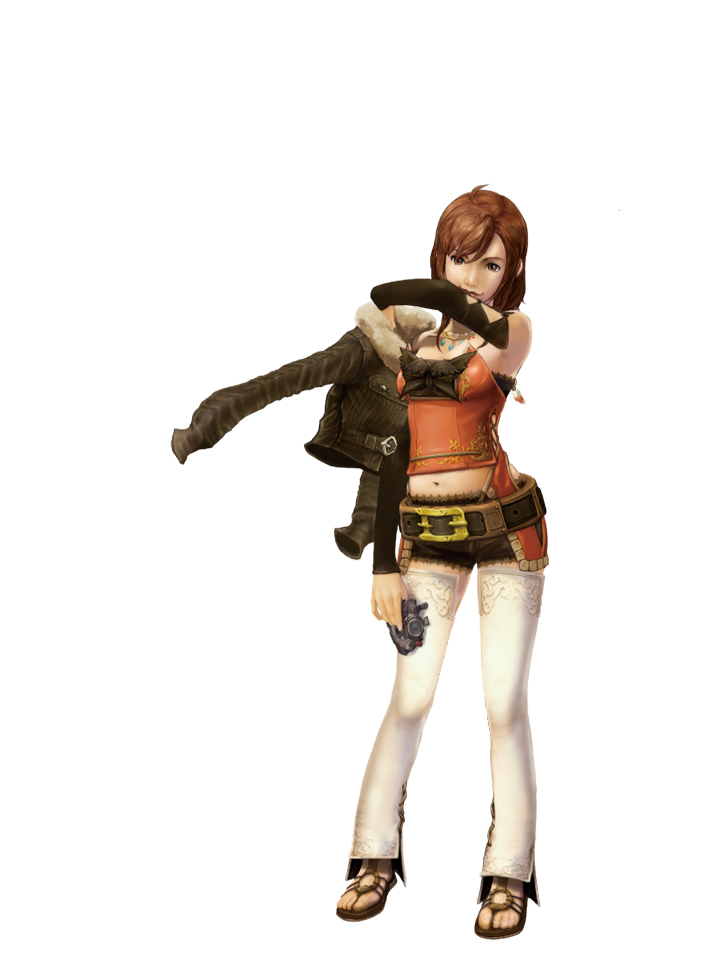 belle (ffcc), selkie, final fantasy, final fantasy crystal chronicles, final fantasy crystal chronicles the crystal bearers, official art, 1girl, 3d, brown eyes, brown hair, detached sleeves, female focus, jacket, midriff, navel, sandals, smile, solo, thighhighs, zettai ryouiki