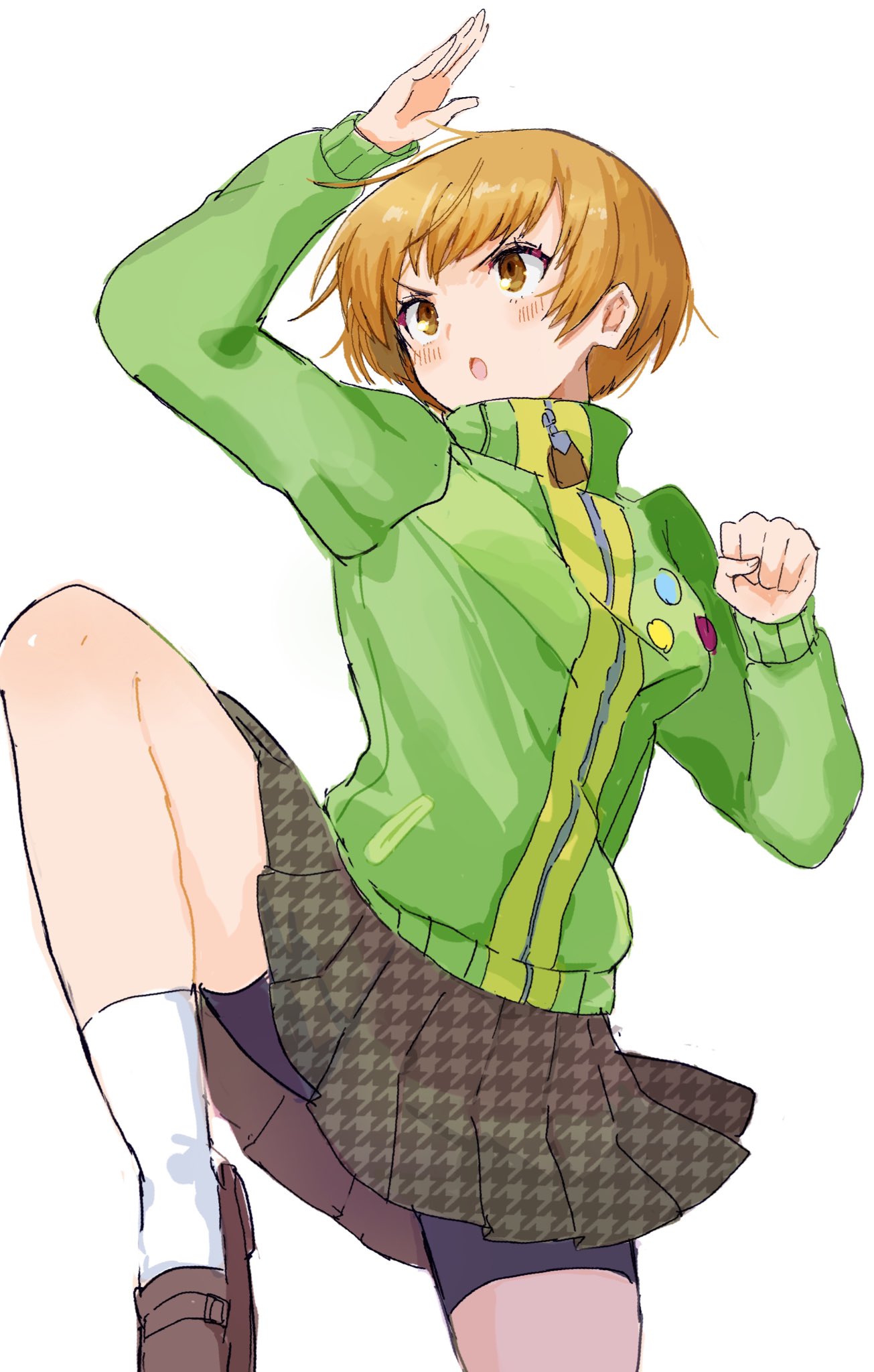 kanna nijiniji, satonaka chie, persona, persona 4, highres, 1girl, bike shorts, black shorts, blush, brown eyes, brown hair, green jacket, jacket, open mouth, school uniform, shoes, short hair, shorts, shorts under skirt, simple background, skirt, socks, solo, standing, standing on one leg, track jacket, white background, white socks