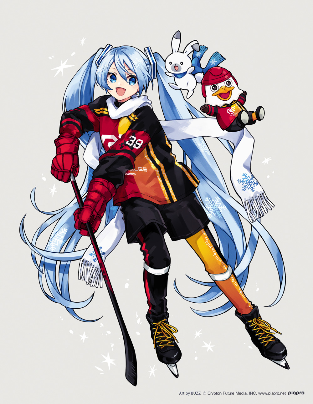 buzz (moi), hatsune miku, rabbit yukine, yuki miku, vocaloid, commentary, highres, official art, translated, 1girl, 39, :d, asia league ice hockey, asymmetrical legwear, bird, black shorts, blue eyes, blue hair, blue scarf, copyright notice, eagle, full body, gloves, hair tie, hockey gloves, hockey stick, hockey sweater, hockey uniform, holding hockey stick, ice hockey, ice skates, ice skating, jersey, long hair, long sleeves, looking at viewer, looking to the side, mascot, mismatched legwear, number print, official alternate costume, open mouth, pants, rabbit, red eagles hokkaido, red gloves, scarf, shorts, simple background, skates, skating, smile, snowflake print, solo, twintails, uniform number, very long hair, washito-kun, white background, white rabbit (animal), white scarf