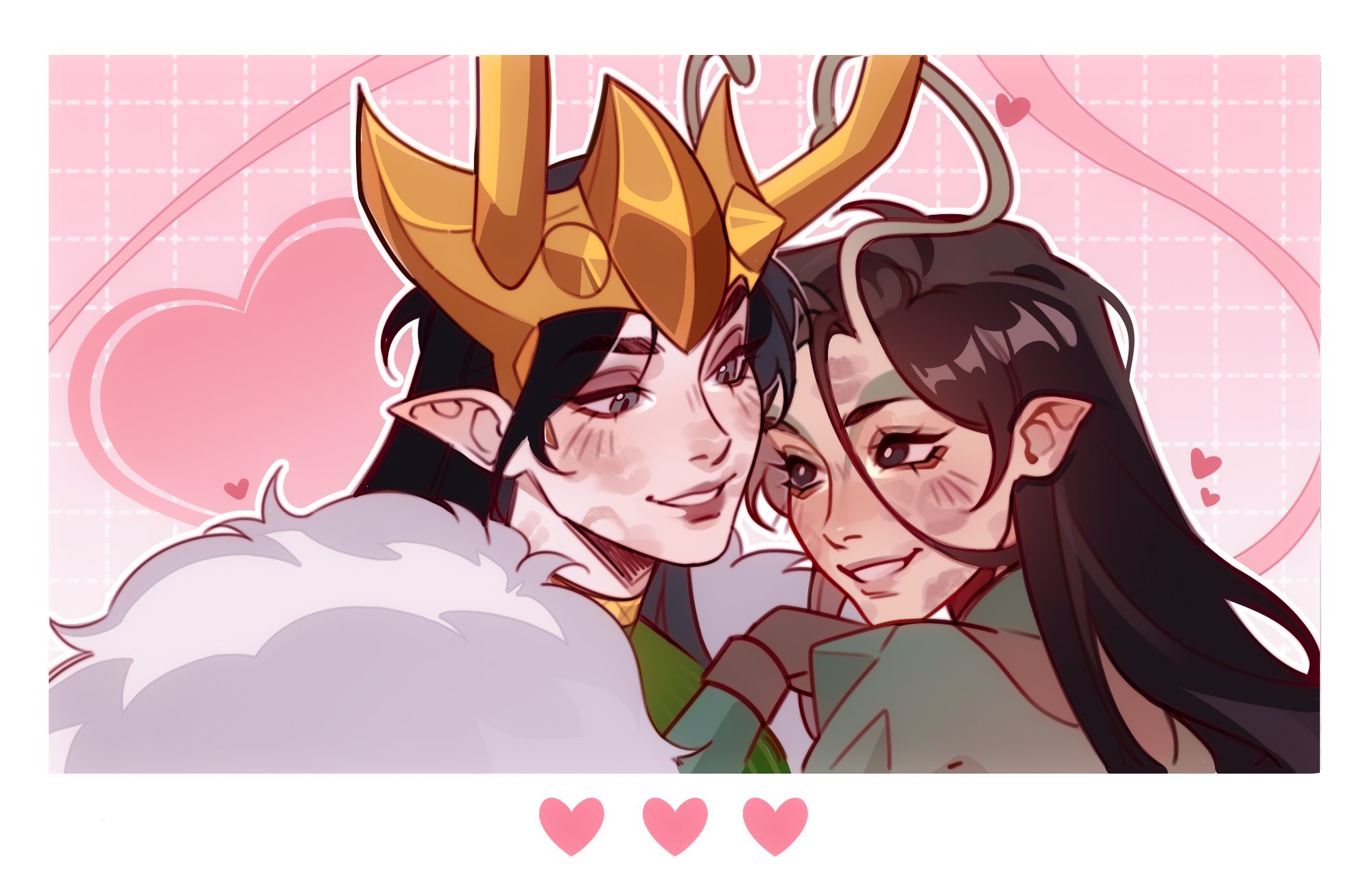 evil cactus, lady loki, loki (marvel), mantis (marvel), guardians of the galaxy, marvel, marvel rivals, thor (marvel) (series), hashtag-only commentary, highres, 2girls, alternate form, antennae, black eyes, black hair, border, bright pupils, brown eyeshadow, cape, couple, eye contact, fake horns, fur-trimmed cape, fur trim, green shirt, grid background, heart, horned headwear, horns, lipstick mark, lipstick mark on face, long hair, looking at another, multiple girls, official alternate design, parted lips, pink background, pointy ears, portrait, red lips, shirt, smile, turtleneck, white border, white pupils, yuri