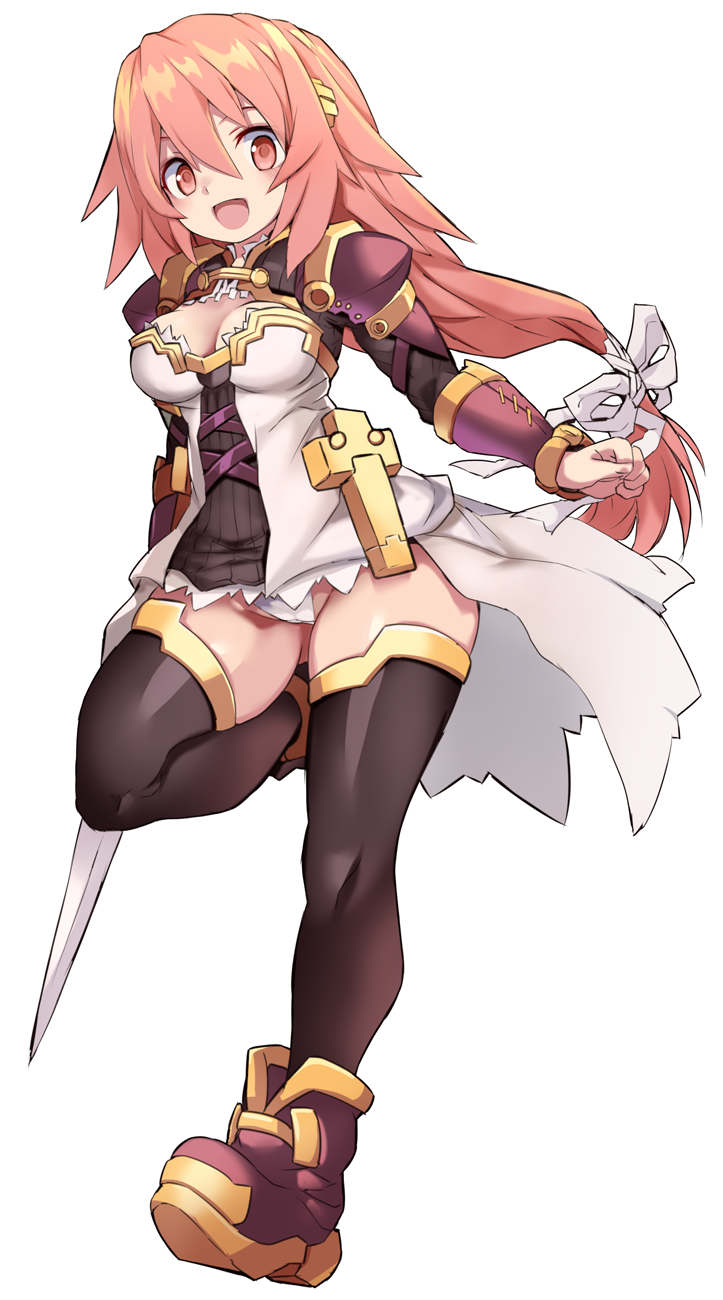 karukan (monjya), character request, commentary request, copyright request, highres, 1girl, :d, armor, black shrug, black thighhighs, boots, breasts, cleavage, dress, full body, hair between eyes, hair ribbon, long hair, looking at viewer, medium breasts, open mouth, panties, pantyshot, pauldrons, pink eyes, pink hair, ponytail, purple boots, ribbon, short dress, shoulder armor, shrug (clothing), simple background, smile, solo, standing, standing on one leg, strapless, strapless dress, thighhighs, underwear, upskirt, white background, white dress, white panties, white ribbon