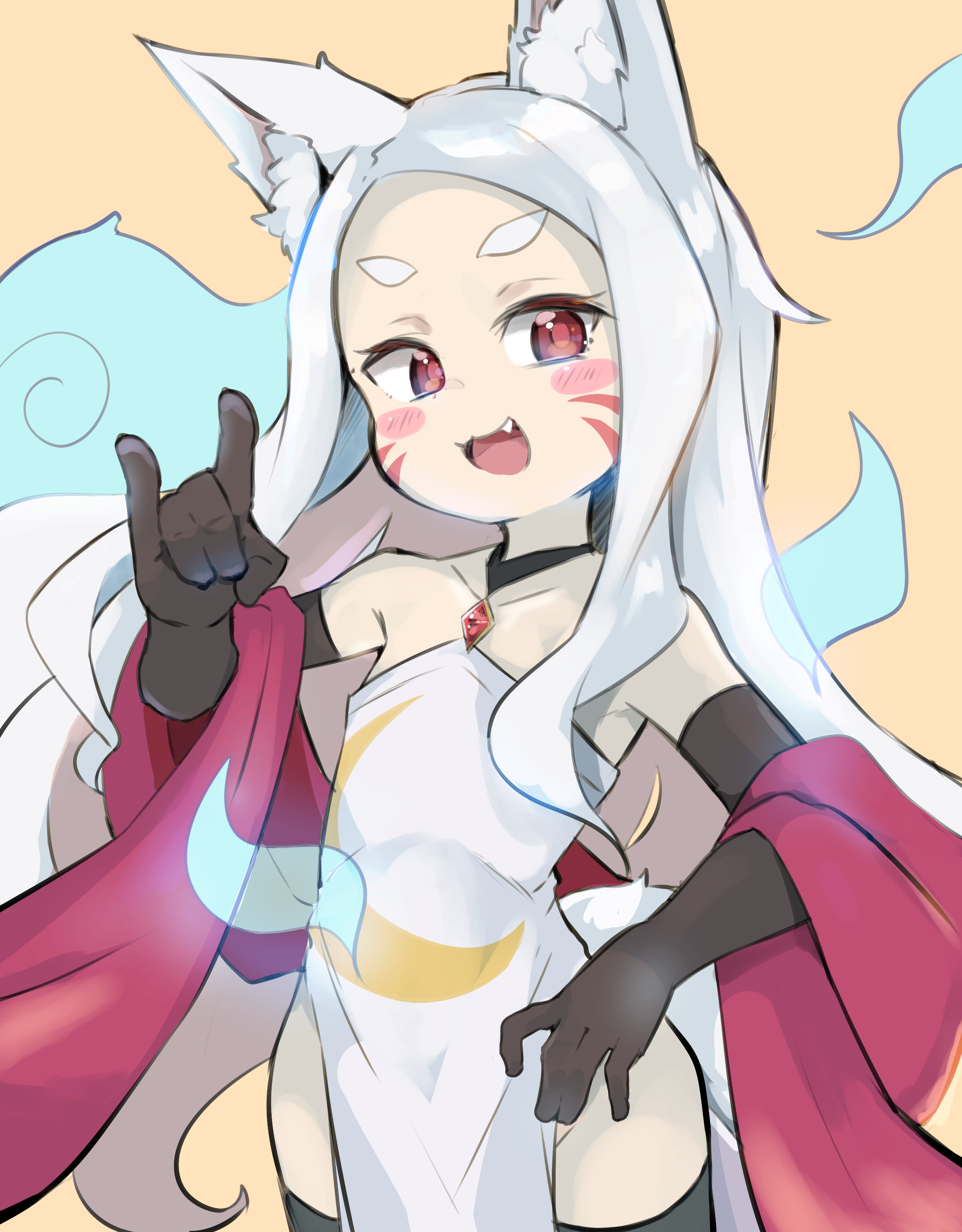 shibainu kisetsu, shiro (sewayaki kitsune no senko-san), sewayaki kitsune no senko-san, absurdres, commentary request, commission, highres, skeb commission, 1girl, :d, animal ear fluff, animal ears, bare shoulders, black gloves, black thighhighs, blush stickers, brown background, collarbone, dress, elbow gloves, facial mark, fang, forehead, fox ears, fox girl, fox shadow puppet, fox tail, gloves, groin, hitodama, long hair, looking at viewer, open mouth, parted bangs, red eyes, shawl, short eyebrows, simple background, smile, solo, strapless, strapless dress, tail, thick eyebrows, thighhighs, very long hair, white dress