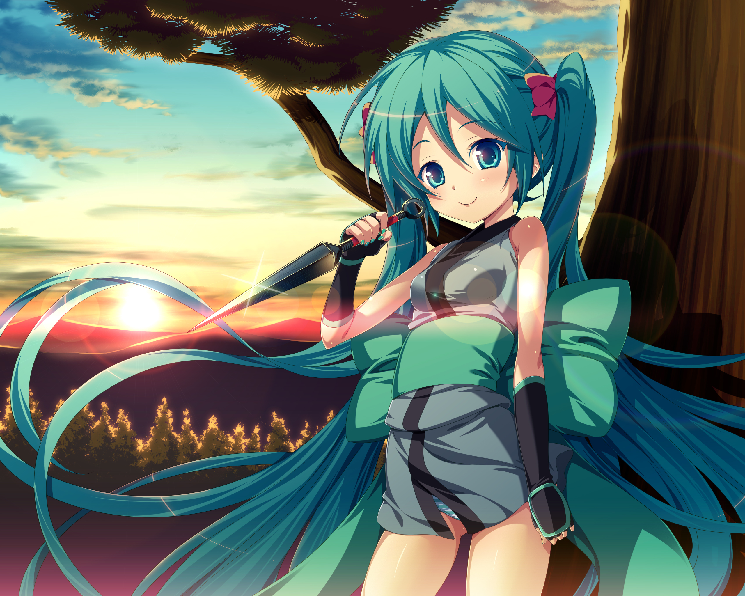 hisasi, hatsune miku, vocaloid, yamaha, highres, 1girl, aqua eyes, aqua hair, female focus, knife, kunai, lens flare, long hair, ninja, panties, pantyshot, reverse grip, smile, solo, striped clothes, striped panties, sunrise, twintails, underwear, very long hair, weapon