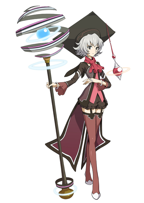 shino (.hack//), shino (.hack//g.u.), .hack//, .hack//g.u., .hack//link, .hack//roots, bandai, cyber connect 2, silver hair, official art, 00s, 1girl, female focus, gem, hat, jewelry, ring, scarf, short hair, smile, solo, staff, tattoo, thighhighs, twintails, wings, zettai ryouiki