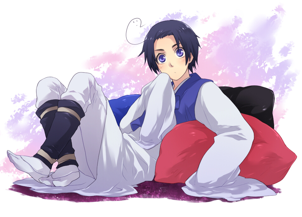 shizu (nanamie), korea (hetalia), axis powers hetalia, 00s, 1boy, ahoge, black hair, blue eyes, hanbok, korean clothes, long sleeves, male focus, pillow, sleeves past wrists, solo
