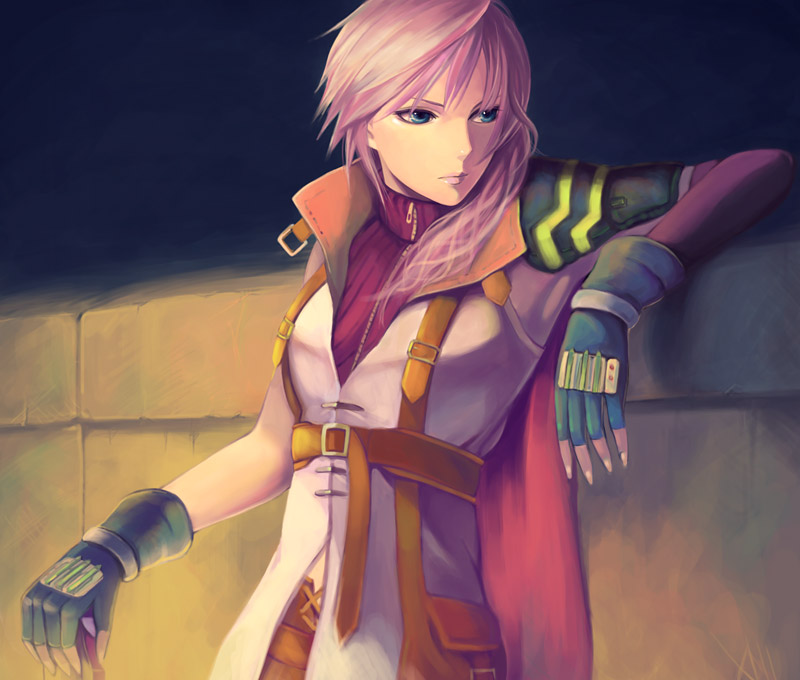 itori (clarice note), lightning farron, final fantasy, final fantasy xiii, 10s, 1girl, blue eyes, cape, female focus, fingerless gloves, gloves, long hair, pink hair, solo