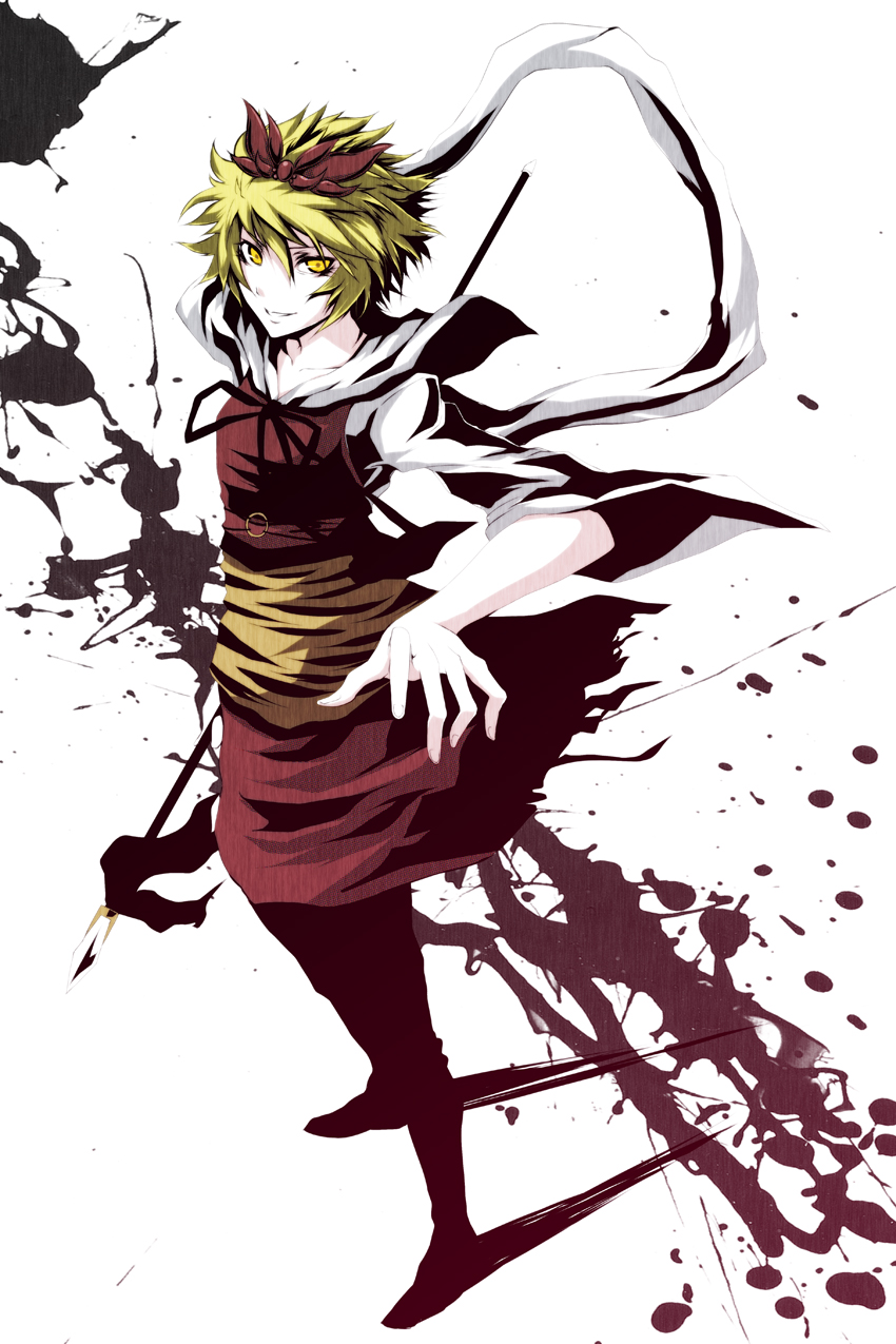 iwamoto eiri, toramaru shou, touhou, bad id, bad pixiv id, highres, 1girl, bishamonten's spear, blonde hair, female focus, full body, polearm, short hair, solo, spear, standing, weapon, white background, yellow eyes