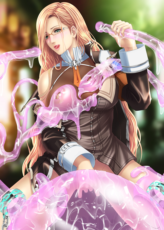 hairaito, jihl nabaat, final fantasy, final fantasy xiii, slime, 10s, 1girl, breasts, fingering, glasses, large breasts, masturbation, monster, tentacles