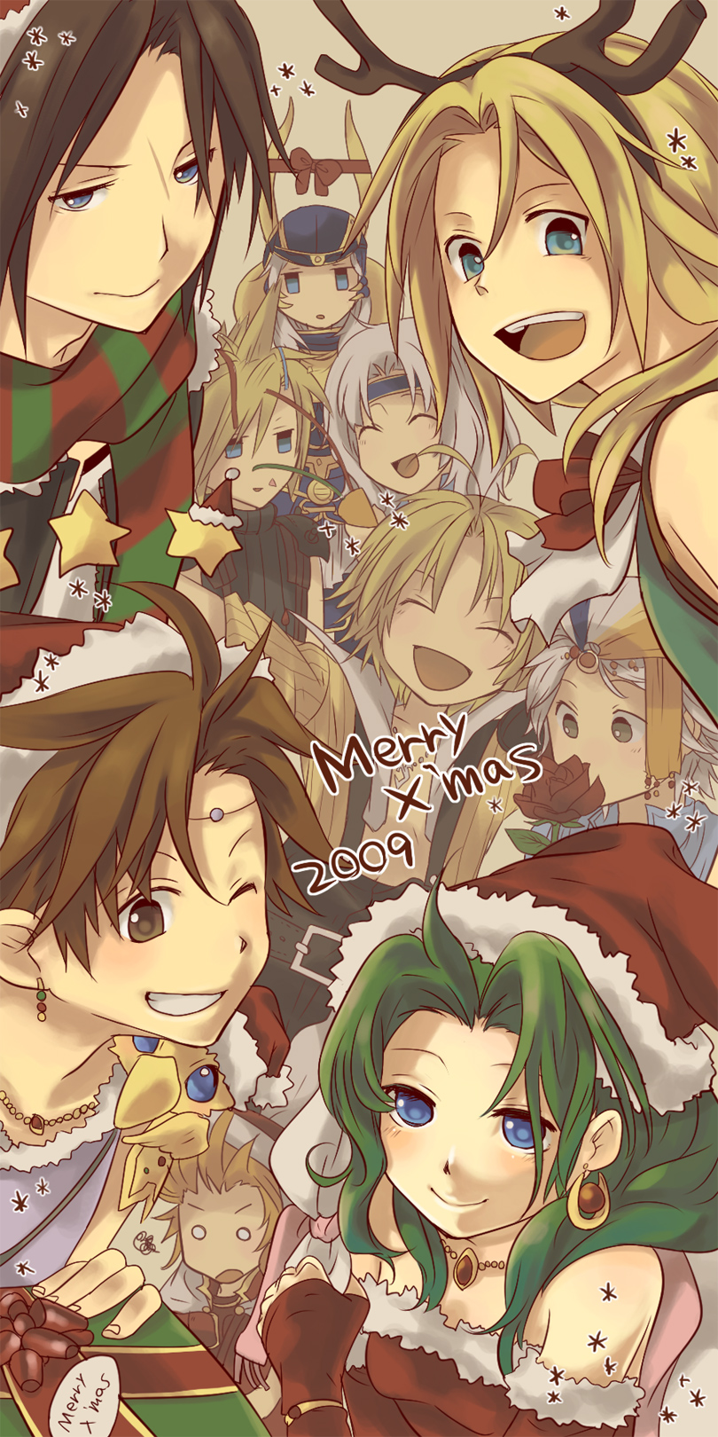 hiyo kiki, cecil harvey, cloud strife, firion, onion knight, squall leonhart, tidus, tina branford, warrior of light (ff1), zidane tribal, dissidia final fantasy, final fantasy, final fantasy i, final fantasy ii, final fantasy iii, final fantasy iv, final fantasy ix, final fantasy v, final fantasy vii, final fantasy viii, final fantasy x, 1980s (style), highres, long image, tall image, 00s, 1990s (style), antlers, armor, bandana, bare shoulders, blonde hair, blue eyes, bow, brown eyes, brown hair, christmas, closed eyes, detached sleeves, earrings, flower, gift, green eyes, green hair, hat, headband, helmet, horns, jewelry, long hair, oldschool, one eye closed, open mouth, reindeer antlers, retro artstyle, rose, santa costume, santa hat, scarf, short hair, sleeveless, sleeveless turtleneck, smile, spiked hair, tiara, turtleneck, white hair, wink