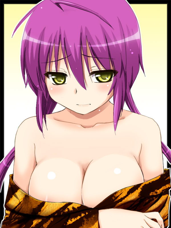 hijiri tsukasa, hiiragi tomoe, nee chanto shiyou yo!, 00s, 1girl, ahoge, animal print, bare shoulders, blush, breasts, cleavage, female focus, large breasts, purple hair, solo, tiger print, yellow eyes