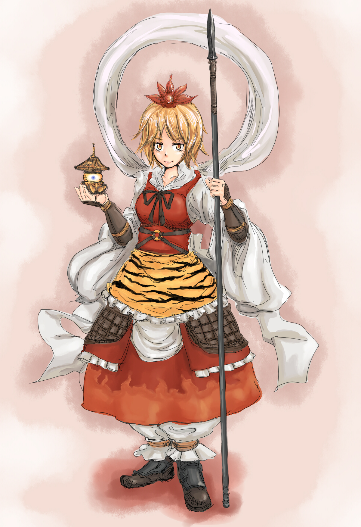 michael-x, toramaru shou, touhou, highres, 1girl, animal print, bishamonten's pagoda, blonde hair, female focus, full body, multicolored hair, polearm, shawl, short hair, solo, spear, standing, tiger print, weapon, yellow eyes