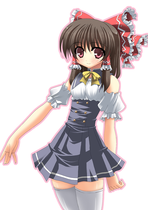 rappa (rappaya), hakurei reimu, touhou, 1girl, alternate costume, bare shoulders, bow, brown hair, contemporary, detached sleeves, dress, female focus, japanese clothes, miko, red eyes, ribbon, school uniform, simple background, solo, thighhighs, waitress, white background, zettai ryouiki