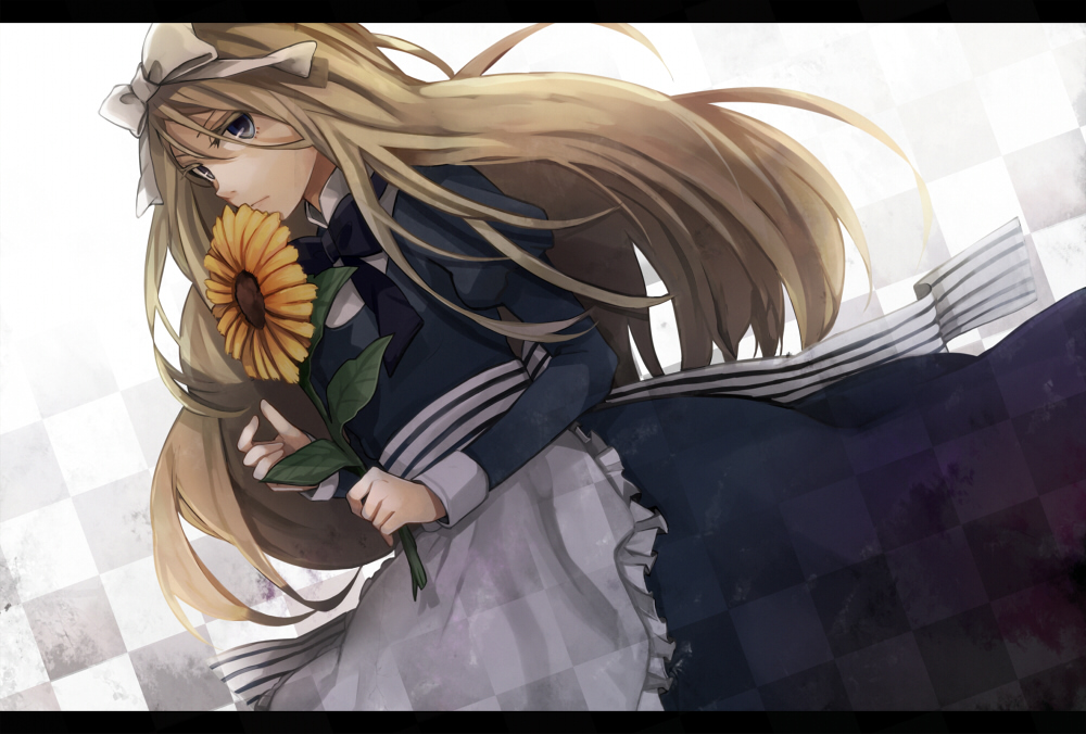 tama (songe), belarus (hetalia), axis powers hetalia, 00s, 1girl, apron, blonde hair, blue eyes, bow, checkered background, dress, female focus, flower, letterboxed, long hair, solo, sunflower