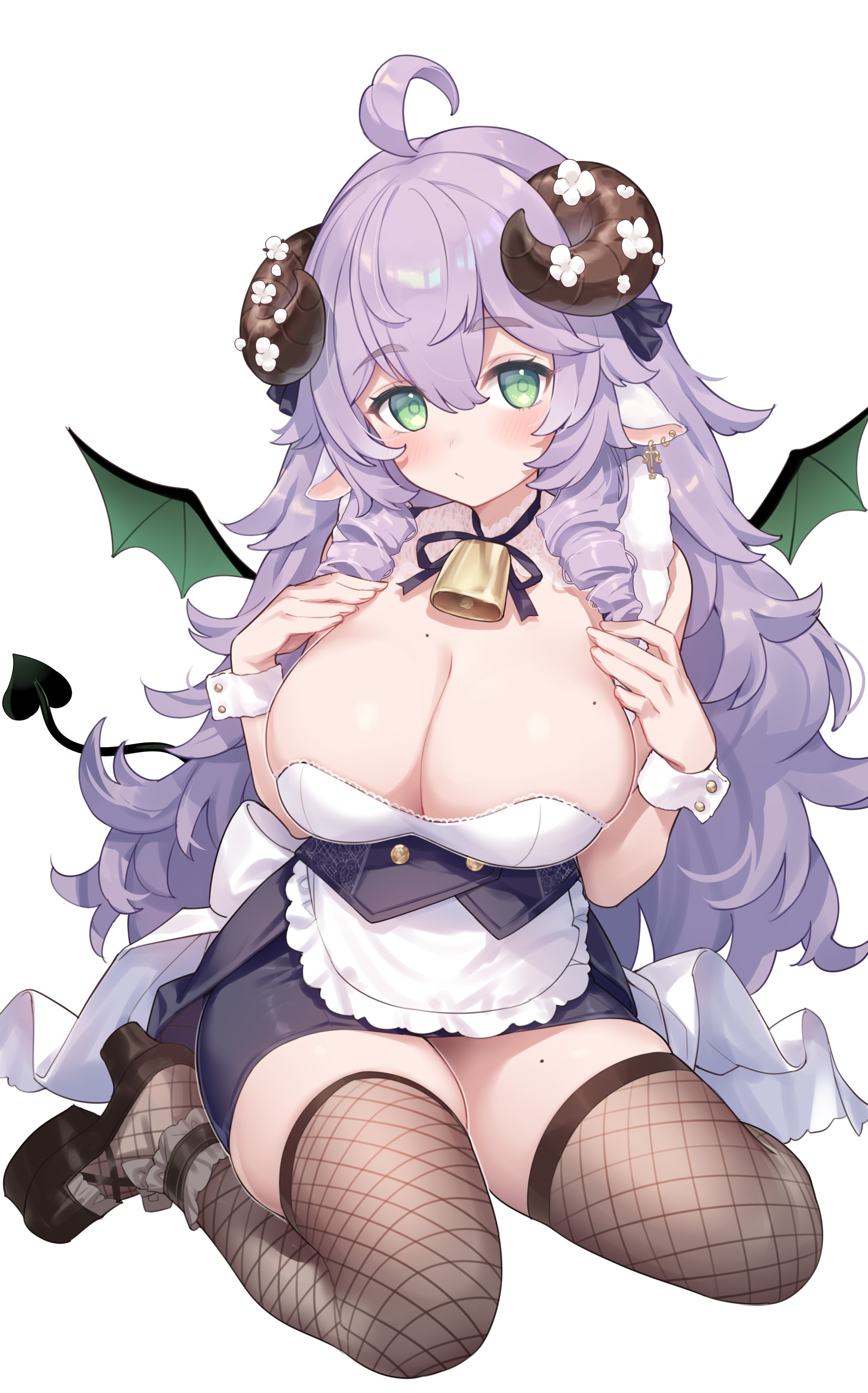 hiraga matsuri, original, absurdres, commission, highres, skeb commission, 1girl, ahoge, animal ears, apron, bare shoulders, bell, black shoes, black skirt, breasts, brown thighhighs, cleavage, closed mouth, cowbell, curled horns, demon tail, drill hair, fishnet thighhighs, fishnets, green eyes, grey hair, hands up, horns, large breasts, long hair, looking at viewer, mini wings, miniskirt, mole, mole on breast, mole on thigh, neck ribbon, pencil skirt, ribbon, sheep ears, sheep horns, shirt, shoes, simple background, skindentation, skirt, solo, strapless, strapless shirt, tail, tailcoat, thighhighs, thighs, twin drills, underbust, very long hair, waist apron, white background, white shirt, wings, wrist cuffs, zettai ryouiki