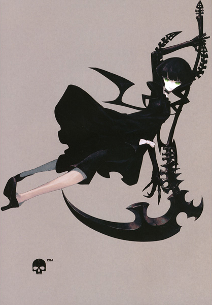 huke, dead master, black rock shooter, 10s, 1girl, black dress, black hair, black leggings, curly hair, dress, female focus, full body, green eyes, horns, leggings, long hair, scythe, simple background, solo, wings