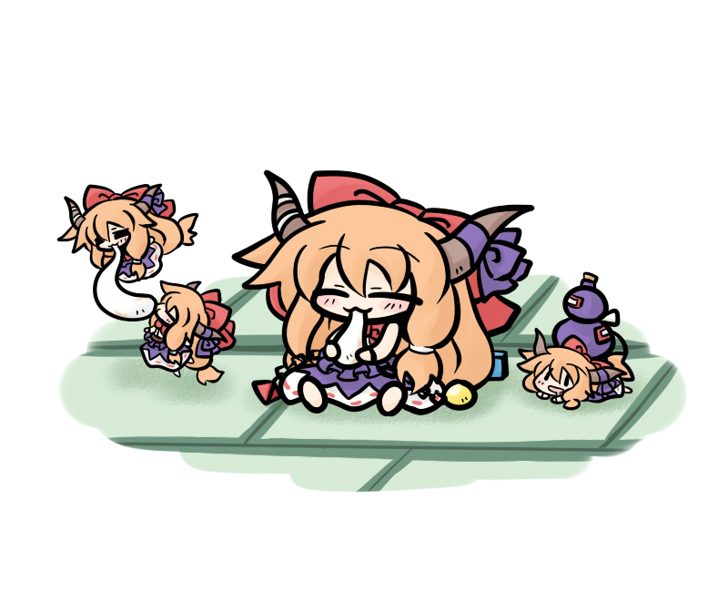 yanagi (nurikoboshi), ibuki suika, touhou, 4girls, bow, chibi, clone, eating, fang, female focus, food, gourd, hair bow, hair ribbon, horns, indoors, long hair, lying, mini person, minigirl, mochi, multiple girls, orange hair, ribbon, sitting, wagashi