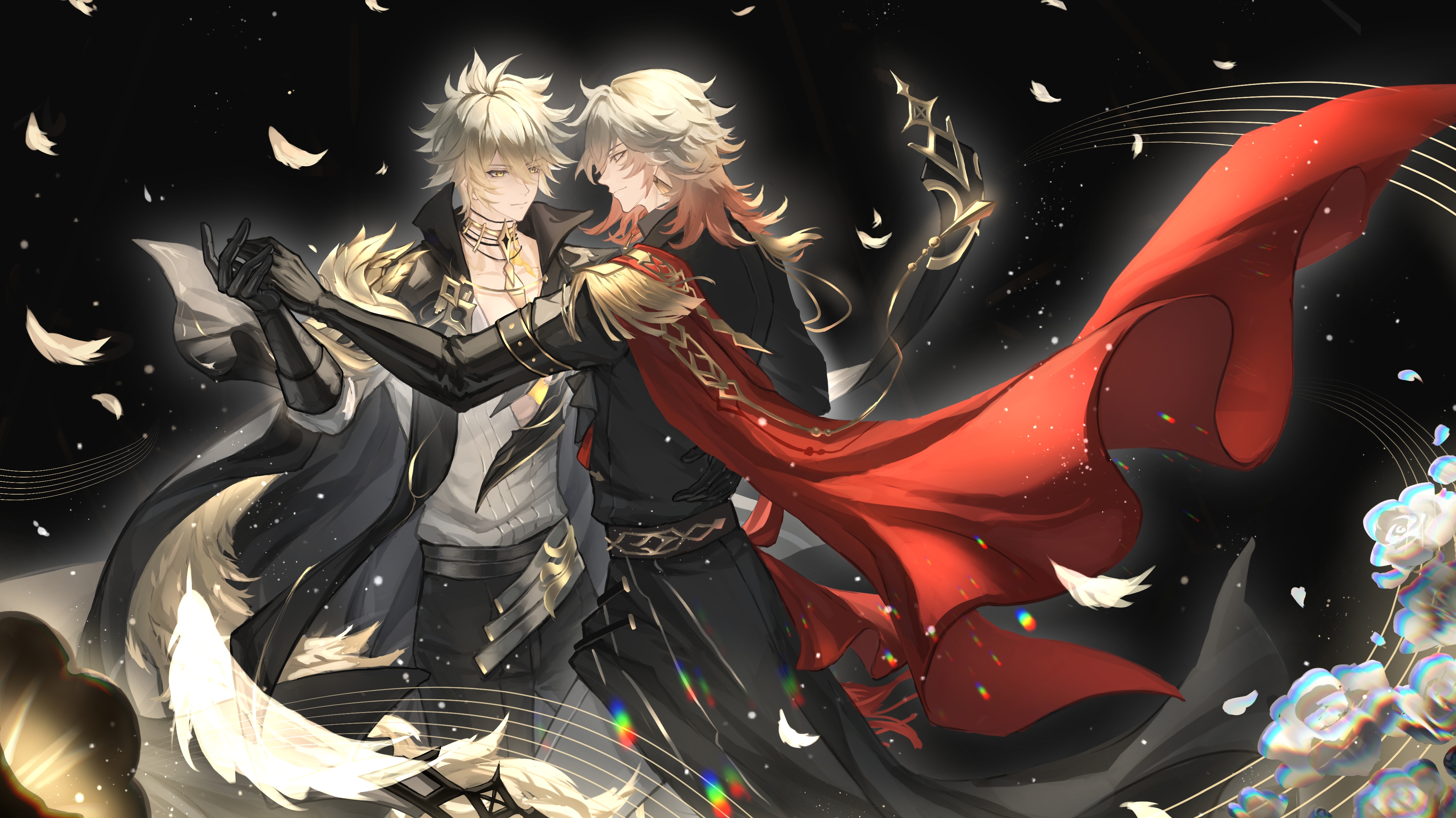 mydei (honkai: star rail), phainon (honkai: star rail), phainon (khaslana) (honkai: star rail), honkai: star rail, honkai (series), absurdres, chinese commentary, commentary request, highres, 2boys, alternate costume, black coat, black gloves, black pants, blonde hair, blood, braid, cape, coat, cracked skin, elbow gloves, epaulettes, falling feathers, falling petals, feathers, gloves, gradient hair, holding hands, male focus, medium hair, multicolored hair, multiple boys, musical note, pants, pectoral cleavage, pectorals, petals, profile, red cape, red hair, shirt, short hair, side braid, side cape, spiked hair, white shirt, yaoi, yellow blood, yellow eyes, yuexili05034