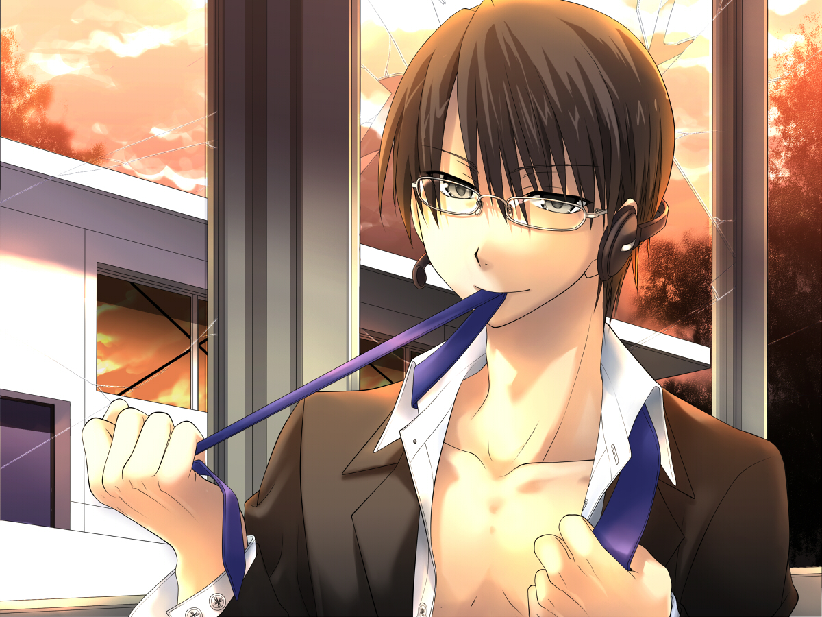 shirotsugu, hiyama kiyoteru, vocaloid, clothes, 1boy, black hair, broken glass, glass, glasses, grey eyes, headphones, jacket, male focus, microphone, mouth hold, necktie, open clothes, open shirt, shirt, short hair, sky, smile, solo, sunset, undressing