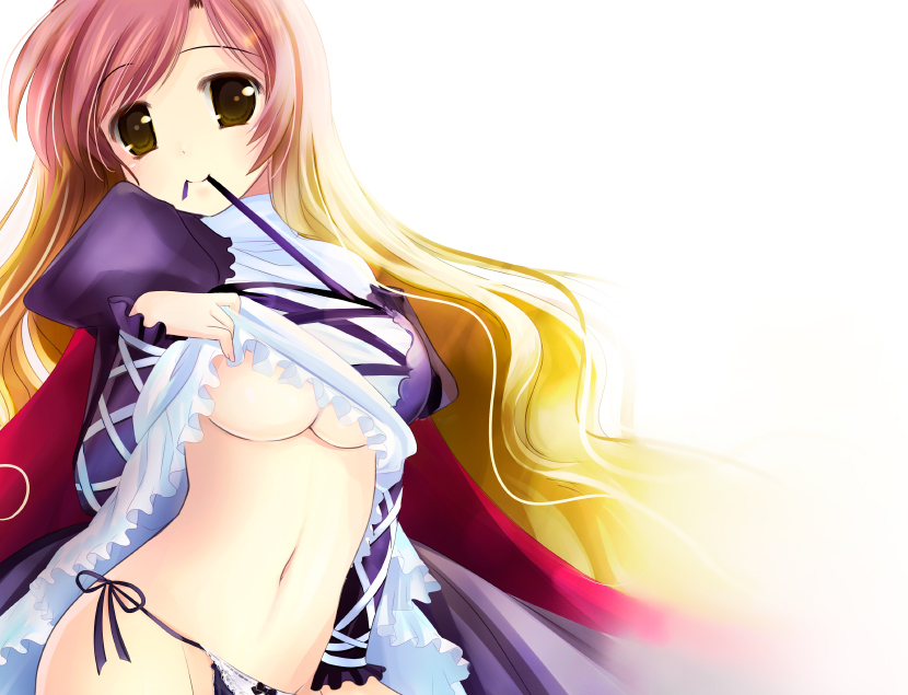 natsukawa sarasa, hijiri byakuren, touhou, 1girl, breasts, female focus, gradient hair, mouth hold, multicolored hair, no bra, panties, side-tie panties, solo, underboob, underwear